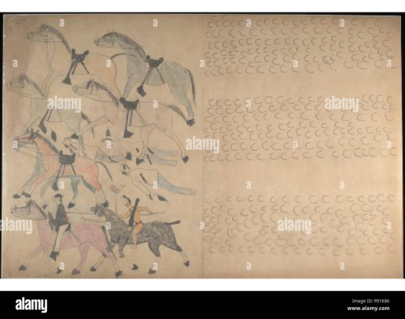 . Creatore: Rosso cavallo. Titolo: Rosso cavallo account pittografica della battaglia di Little Bighorn, 1881. Contenute in: manoscritti numerate 1850s-1980s (in alcune precedenti) vedere altri in: Rosso cavallo account pittografica della battaglia di Little Bighorn, 1881. 19 cavallo rosso account pittografica della battaglia di Little Bighorn, 1881. 9000 Foto Stock