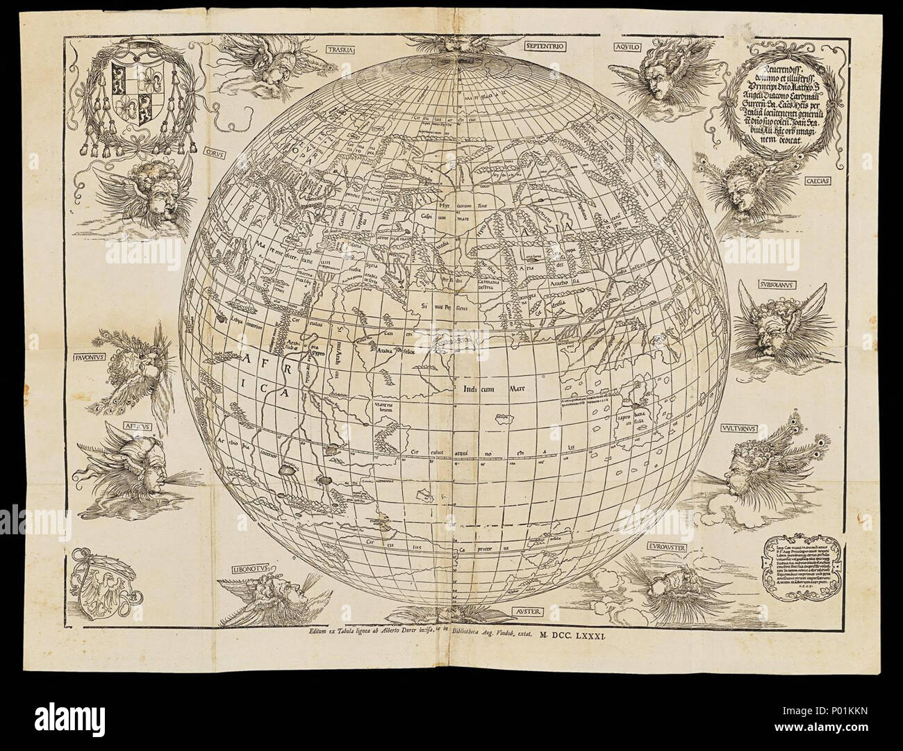 Inglese: UN 1781 copia di Johann Stabius's 1515 Mappa del mondo, la cui  incisione è accreditato di Albrecht Dürer. Un planisfero mondo circondato  da dodici dei venti, equivalente a quella di
