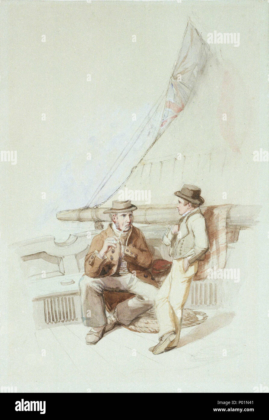 . Inglese: "rovo e Jack eseguita in un porto francese'. Illustrazione originale di Marryat 'poveri Jack' (1840)La nave che rovo e suo apprendista Jack (Tom Saunders) sono il pilotaggio fino al canale è catturata da un privateer francese. Essi sono presi in Francia come prigionieri ma in seguito la fuga. In legno intagliato da Henry Vizetelly questo appariva rivolta p. 248 NEL CAPITOLO XXV del Mulinello Marryat 'poveri Jack' (1840) ed è uno di un gruppo di cinque di questi disegni per il romanzo lasciò in eredità al museo nel 1953. È stato cat. n. 237 nell'Stanfield mostra a Sunderland e a Bonn nel 1979. Per ulteriori dettagli vedere il PAF6068 Foto Stock