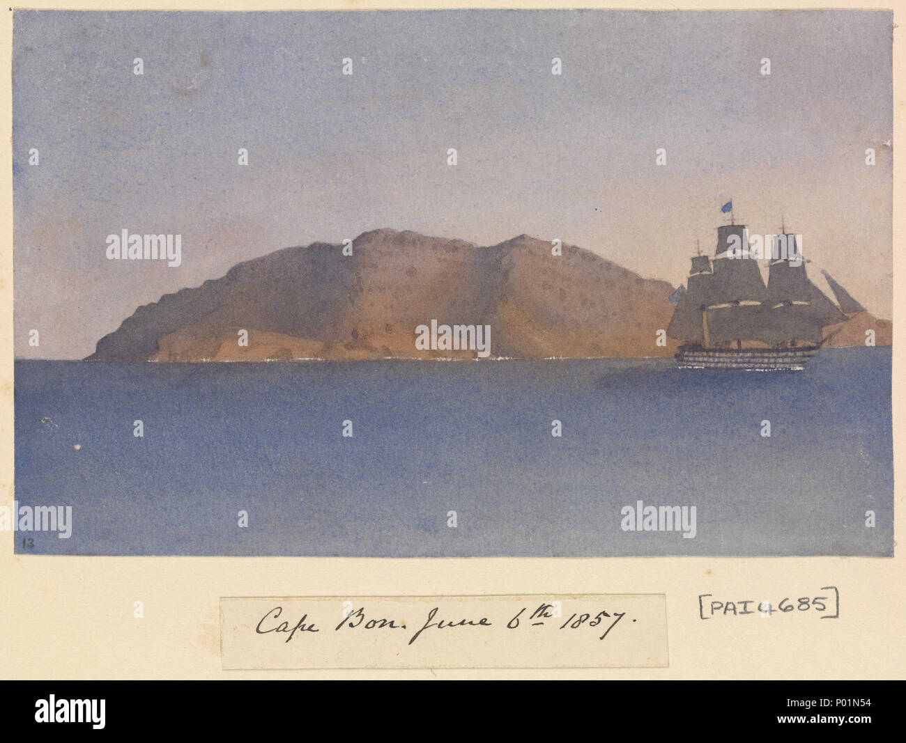 . Inglese: "Capo Bon, 6 Giugno 1857' [Tunisia] n. 13 in Fanshawe il Baltico e successivamente album, 1843 - 83. Didascalie dell'artista sulla pagina album sotto l'immagine, come titolo. Il primo di una serie di disegni della flotta mediterranea estate cruise, da Malta e ritorno, tra il 3 giugno e il 7 novembre 1857. La "Royal Albert', Mediteranean ammiraglia del Vice Ammiraglio Lord Lyons, viene mostrata la vela ad ovest di Capo Bon nella baia di Tunisi, in un tranquillo inizio serata d'estate. Il Cape - ora con un faro - è il braccio orientale del golfo di Tunisi. È anche il punto più vicino dell'Africa all'Europa dell est Foto Stock