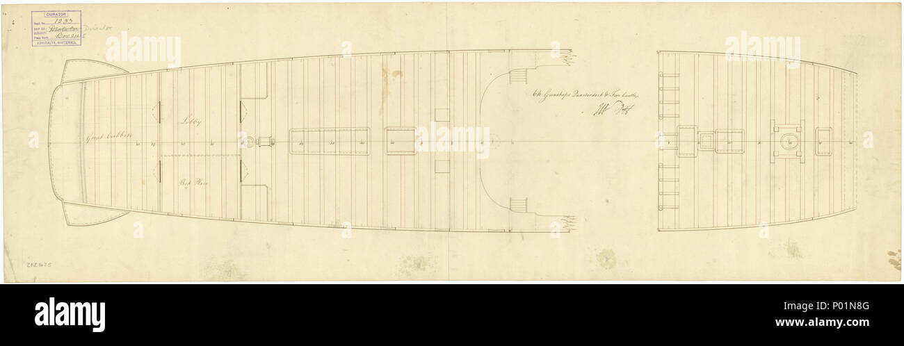 . Inglese: "direttore" (1784) Scala: 1:48. Piano che mostrano i quarterdeck e il castello di prua per "direttore" (1784), un 64-gun terzo tasso, due-decker. Nota che il nome nella Admiralty timbro è stato alterato da 'Dictator' (1783). Le dimensioni per le due navi erano molto simili, il che ha portato a confusione oltre l'identità della nave di cui il piano si riferisce a. Siglato da John Williams [Surveyor della Marina, 1765-1784] e Edward Hunt [Surveyor della Marina, 1778-1784]. "Direttore" (1784) 3 "direttore" (1784) RMG J3134 Foto Stock