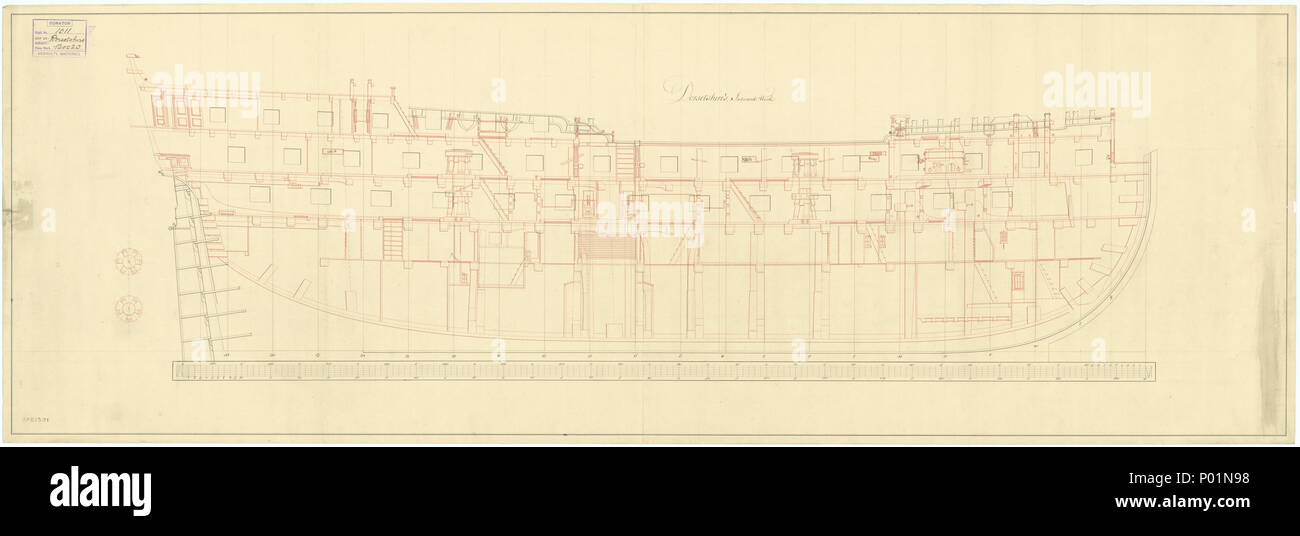 . Inglese: "orsetshire' (1757) Scala: 1:48. Piano che mostrano i cabestani, lanterne, girato le colonne e la stufa sul ponte superiore per 'Dorsetshire', una modificata 1745 Stabilimento, 64-gun terzo tasso, due-decker, eventualmente come costruito. 'Dorsetshire' (1757) 3 'Dorsetshire' (1757) RMG J3113 Foto Stock