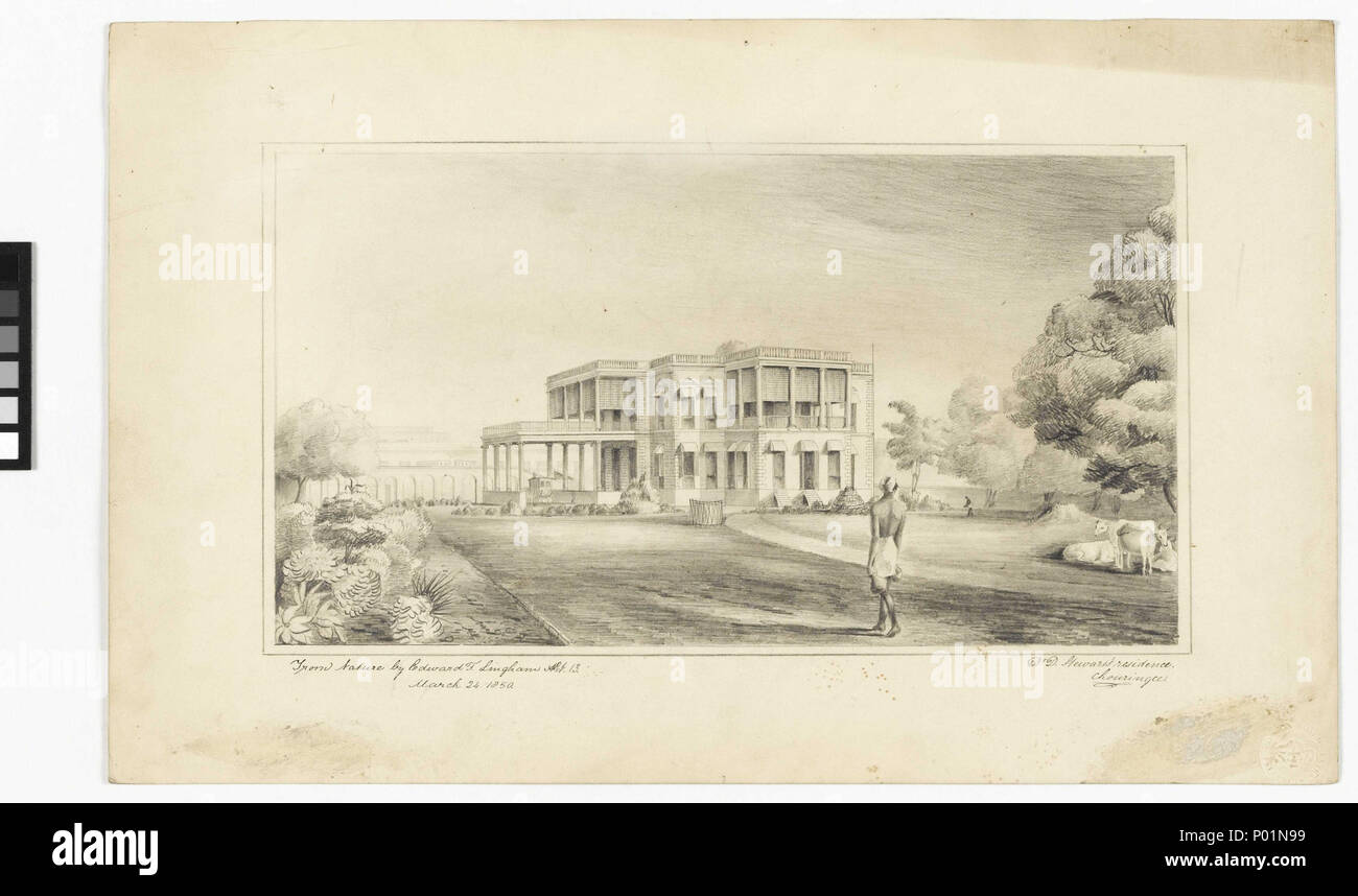 . Inglese: 'Dr Duncan Stewart del residence Chouringee' Penna e inchiostro disegno di Chouringee o Chowringhee, una zona di Calcutta, in India, dove Duncan Stewart, Margaret Brodie Herschel 's fratello vissuto. Duncan ha lavorato come medico con la East India Company e ha trascorso la maggior parte della sua vita lavorativa (1825-1855) di stanza a Calcutta. L'artista Edward F. Lingham non è un ben noto artista, ma è stata probabilmente ad un amico o ad un collega di Duncan. 'Dr Duncan Stewart del residence Chouringee' . Il 24 marzo 1850. Edward F Lingham 3 'Dr Duncan Stewart del residence Chouringee' RMG PY6032-001 Foto Stock