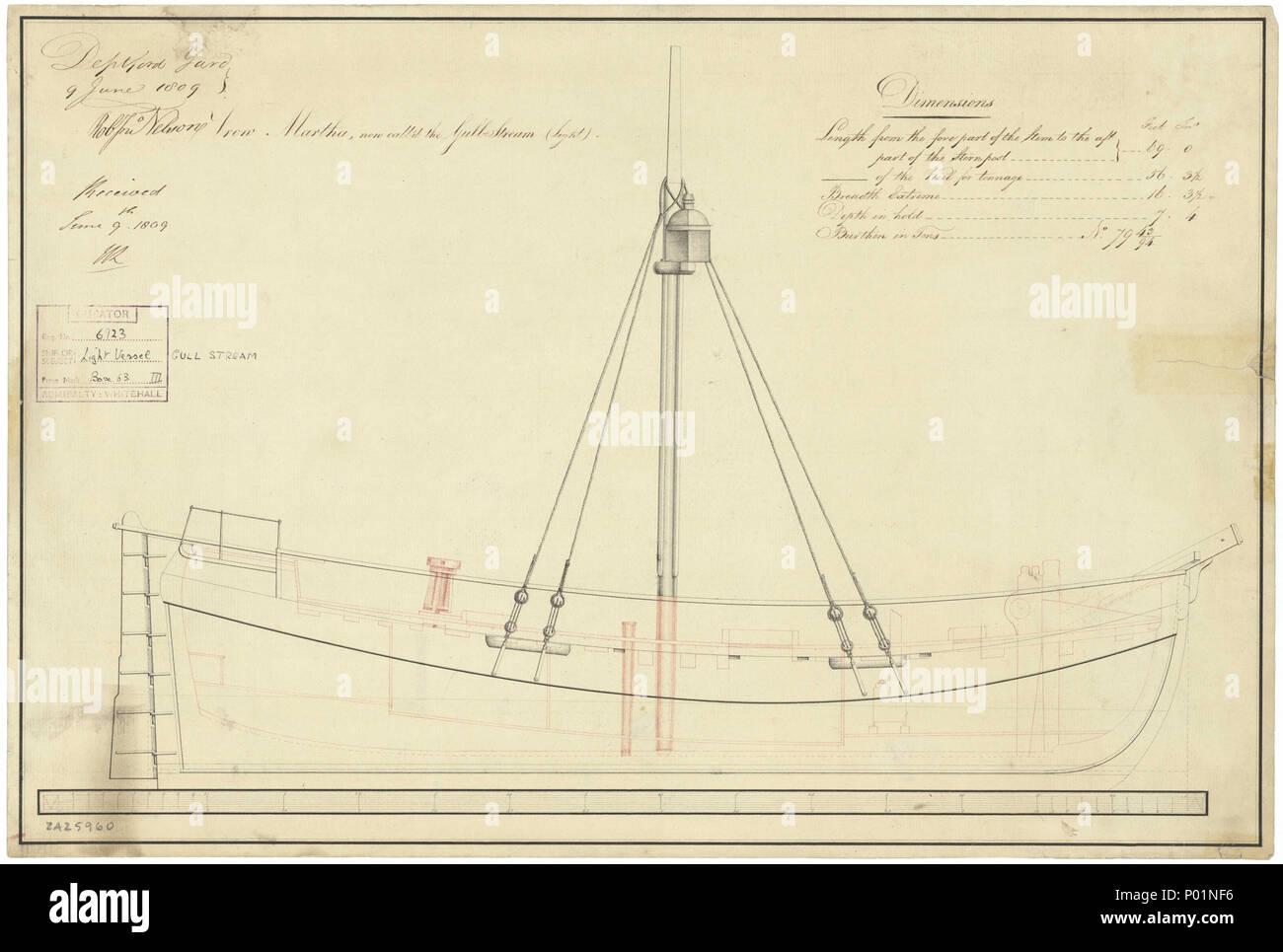 . Inglese: "Flusso di Gabbiano" (fl. 1809) Scala: 1:48. Un piano che mostra il profilo interno per il "flusso di Gabbiano" (fl. 1809), un catturata nave Olandese, come convertiti in un singolo-masted sessanta nove piedi light vessel. Firmato da Robert John Nelson [Master Shipwright, Deptford Dockyard, 1806-1813]. 'Flusso di Gabbiano" (fl. 1809) puro e profilo 4 'Flusso di Gabbiano" (fl. 1809) RMG J0288 Foto Stock