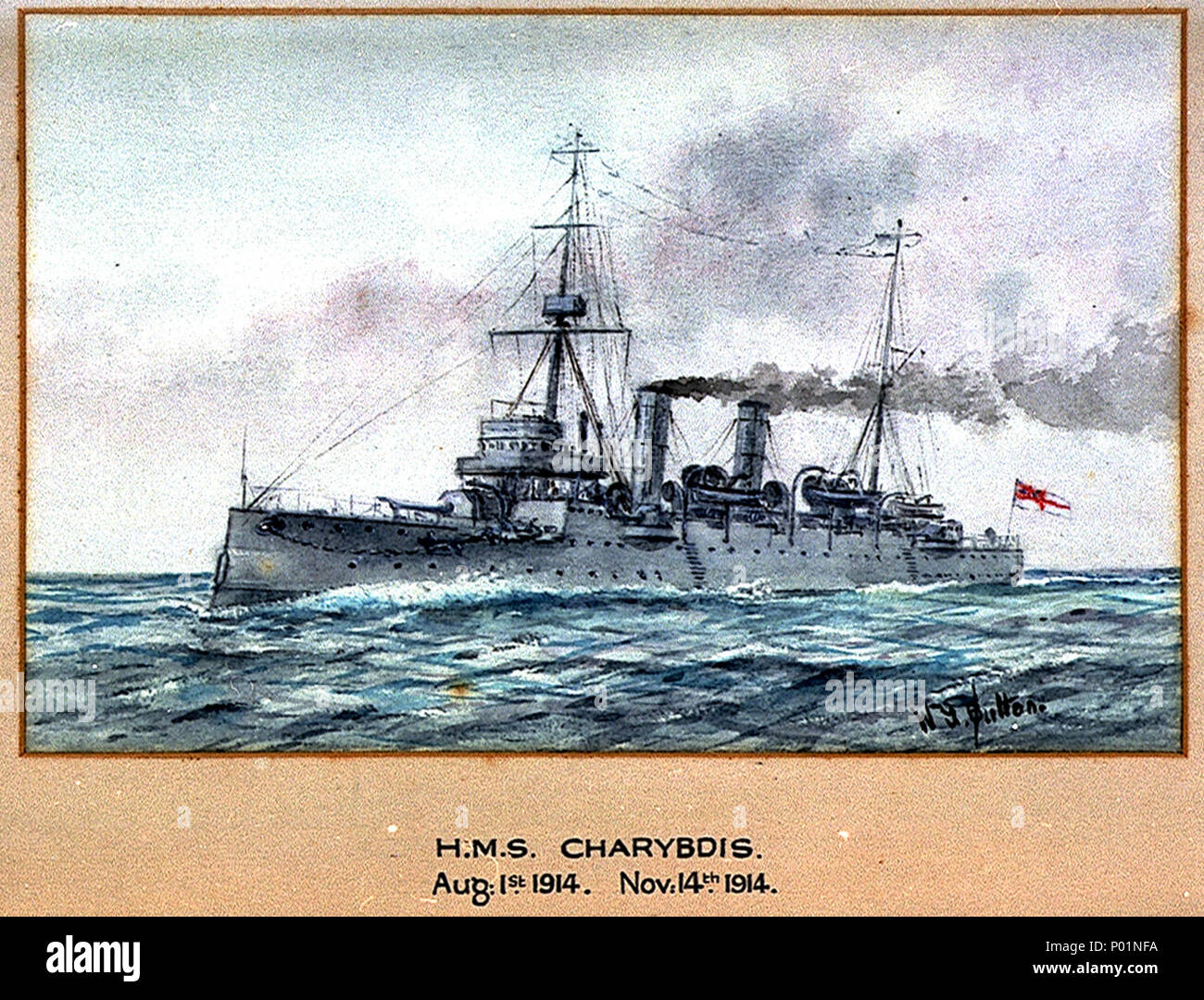 . Inglese: "H.M.S Cariddi 1° agosto 1914. Nov 14 1914' firmato dall'artista. Una delle otto navi del 'Astraea'-classe di incrociatori protetti (4390 tonnellate) costruita per la Royal Navy durante il 1890s. Essi sono serviti su un certo numero di stazioni straniere nel corso della loro carriera, particolarmente nell'Oceano Indiano e Pacifico, e attorno al Capo di Buona Speranza. Obsolete per lo scoppio della Prima Guerra Mondiale, hanno continuato a utilizzare in ruoli secondari in tutto, principalmente come una formazione o un deposito di navi e sono stati demoliti presto in seguito ad eccezione di 'Hermione' che è rimasta una società Marine nave di formazione fino al 1940. 'Cha Foto Stock