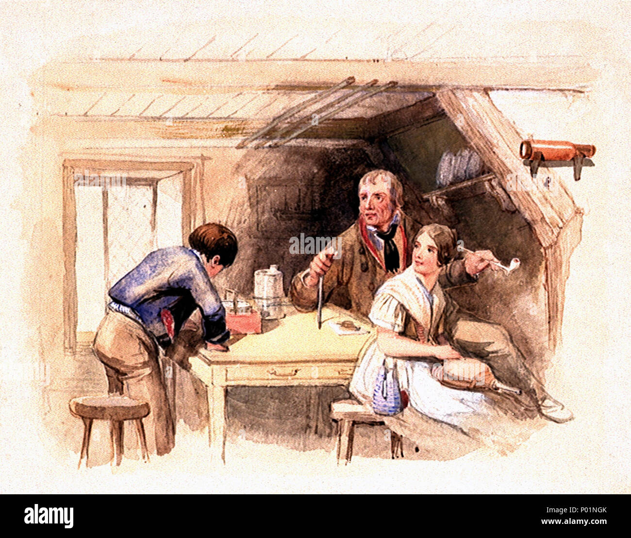 . Inglese: "come suo capo Jack?' illustrazione originale di Marryat 'poveri Jack' (1840)Jack (Tom Saunders) è in fase di collaudo da parte di rovo il pilota, per i quali egli è apprendista, sulla sua conoscenza della bussola cuscinetti. Egli è guardato dal Rovo la figlia adottiva Bessy, che egli più tardi si sposa. ' 'E ora," dice, "dobbiamo provare a voi. Questo ferro da stiro spiedino è la nave di testa, raccolgo, e mi soffermerò nella tabella: Quando faccio così, si deve dirmi a che punto della bussola si erge ad essa e quindi che sarà la direzione della nave alla testa. Hai capito? La pratica rende perfetti, ... Quindi adesso, come Foto Stock
