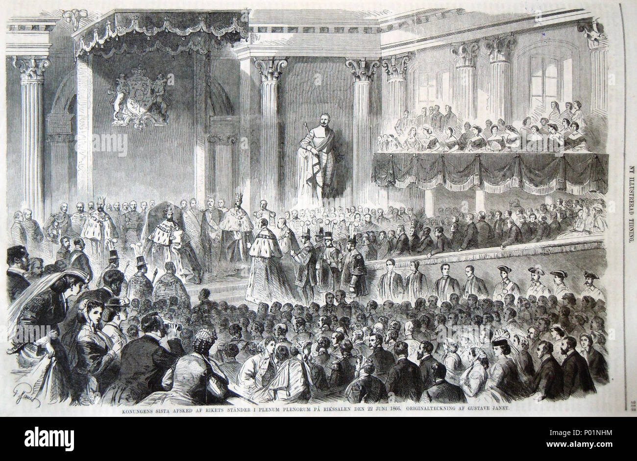 . Svenska: Konungens sista afsked af Rikets ständer i plenum plenorium på Rikssalen den 22 juni 1866. Litografisk bild Ny Illustrerad Tidning, nr 27 den 7 juli 1866. 88 Riksdagen Plenum Plenorum 1866 Foto Stock