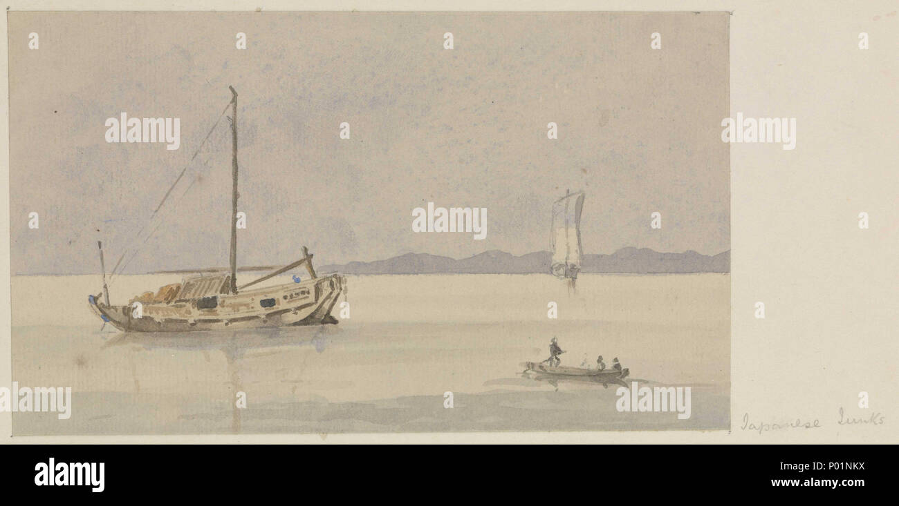 . Inglese: "giunche giapponesi' n. 47 di 51 (PAJ2051 - PAJ2101): iscritta dall'artista sulla pagina dell'album, come titolo, ma senza alcuna idea di dove la posizione costiera può essere. I colleghi nel museo di scienze marittime, Tokyo, hanno gentilmente identificato il vaso principale, giacente al di ancoraggio, come un 'bezaisen' di circa 150 tonnellate: mentre quelli più piccoli sono stati utilizzati per viaggi locali (vedere PJ2093), questa dimensione è stata una lunga distanza trader tipico di Osaka e Kyoto regione in questo periodo. Un altro recipiente simile nella distanza vela ha sollevato, ma sta facendo grandi progressi in ciò che appare calma, coperto weath Foto Stock