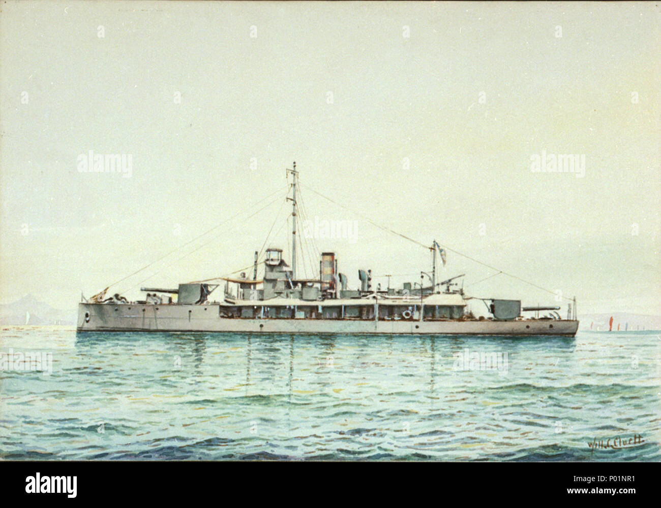 . Inglese: 'M.31' nel Mediterraneo firmato "W.H.C.Cluett", in basso a destra, si tratta di una precisa port-fiancata rappresentazione di questo Royal Naval 'M'-classe monitor di fiume al di ancoraggio. Questo tipo di piccole dimensioni è stato messo insieme abbastanza rapidamente utilizzando scafi standard ma con diverse armi basd su ciò che era disponibile. 'M.31' aveva due 6 pollici BL mark XII pistole e uno a 6 pdr Hotchkiss ha la pistola. Ella è stata basata a Imbros isola (rinominato Gökçeada nel 1970) a nord-ovest della costa turca a gennaio 1916 poi in Egitto a marzo 1919. Lo sfondo sugests lei è qui mostrato sulla costa turca. Una di queste navi - 'Mio Foto Stock