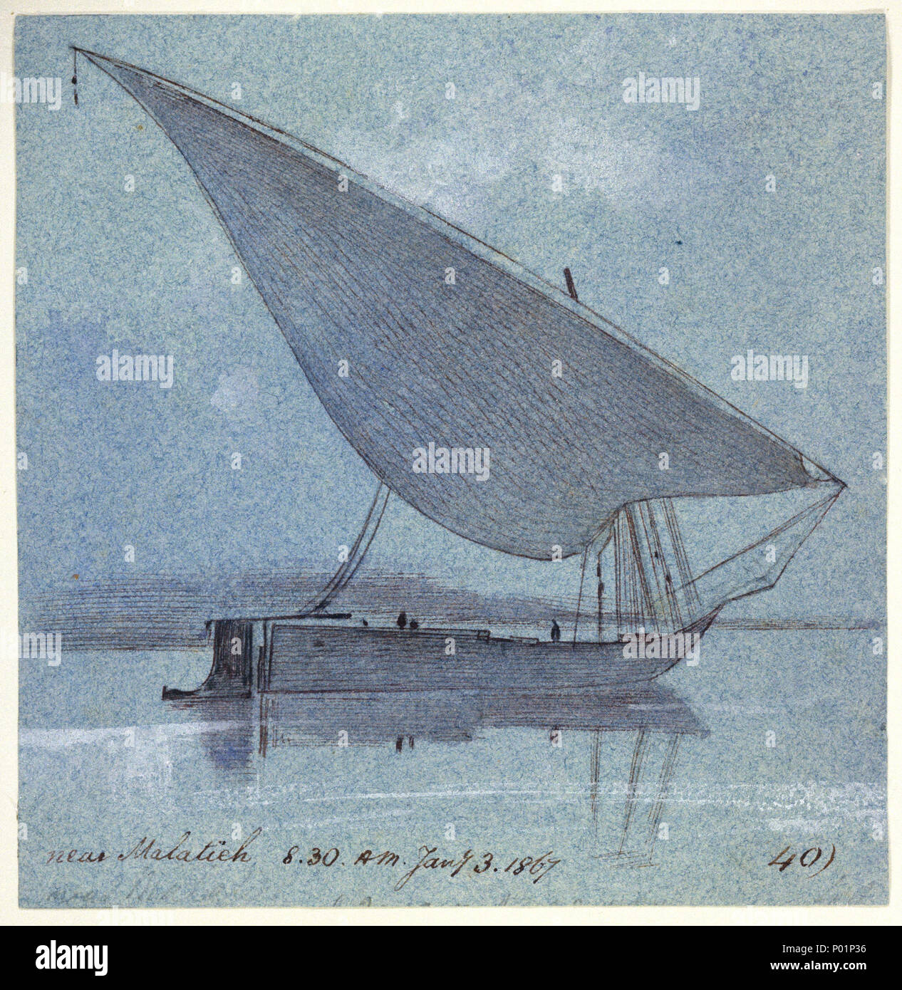 . Inglese: "Vicino Malatieh. 8.30.A.M. Jany. 3. 1867 40)' Questo studio di un gyassi sul Nilo vicino Malatieh è stata presa su Edward Lear il terzo viaggio in Egitto nel 1867. Il latine-truccate tradizionale nave cargo è raffigurato su acque calme nelle prime ore del mattino. Il carattere atmosferica del tranquillo scenario è migliorata mediante l'uso di carta blu per il disegno. La scena sembra essere preso da a bordo di una nave durante un viaggio lungo nel mezzo del flusso. Sebbene Lear ha lavorato nella tradizione britannica di arte topografica, i suoi disegni di lasciare alle spalle il suo documentario atteggiamento; che landscap registrato Foto Stock
