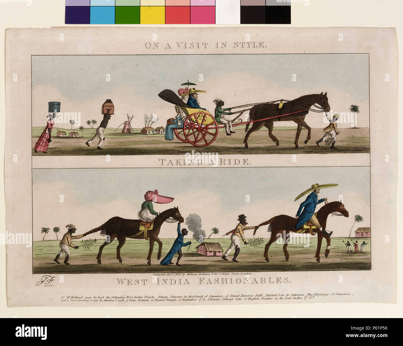 . Inglese: "In occasione di una visita in stile - facendo un giro - West India Fashionables' due vignette inscritto 'prendendo in giro un' e 'West India Fashionables', probabilmente da James Sayers (1748-1823). Questa immagine satirizes una piantatrice nel British colonie dei Caraibi. Essa illustra la sua vita di semplicità, e ciò contrasta con i pesanti oneri trasportato ed umili che viene svolto da persone schiavizzate sulla piantagione. "In occasione di una visita in stile - facendo un giro - West India Fashionables' . 1 novembre 1807. J. S; William Holland 5 'in occasione di una visita in stile - facendo un giro - West India Fashionables' RMG E9940 Foto Stock