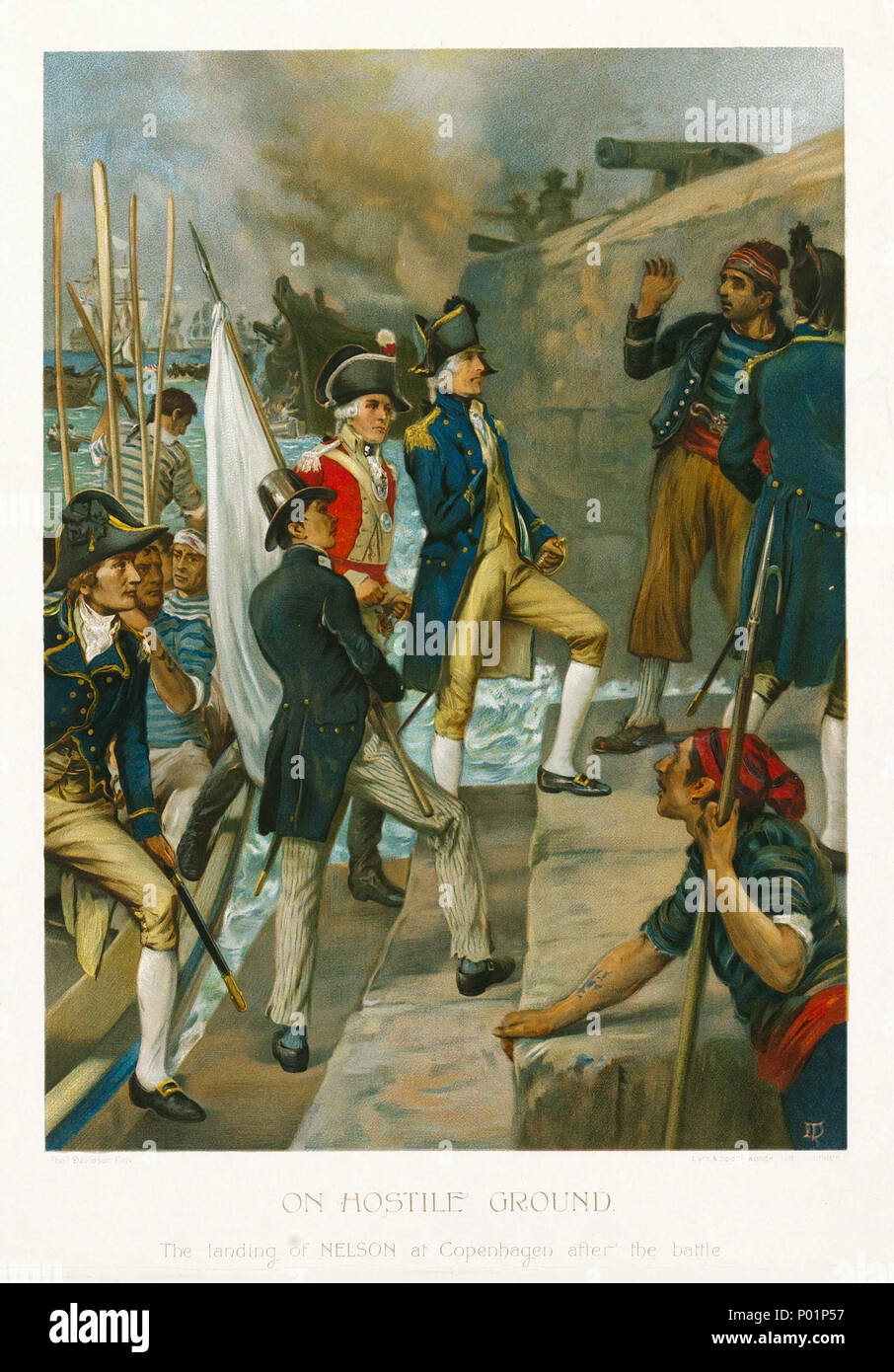 . Inglese: "sul terreno ostile. Lo sbarco di Nelson a Copenaghen dopo la battaglia' la stampa apparso nel 1897 come il frontespizio di Ammiraglio Lord Charles Beresford 'Nelson e il suo tempo". Il libro volto a 'appello popolare e un pubblico di massa, indirizzato ai milioni di grande democrazia britannica". Questa scena immaginaria mostra Nelson intensificazione terra a Copenaghen nel 1801, in seguito alla sua distruzione della flotta danese Il combattimento è terminato il russo-ispirato "neutralità armata contro la Gran Bretagna, con la sua pericolosa possibilità di un combinato Russo-Swedish-flotta danese e il taglio di British Foto Stock