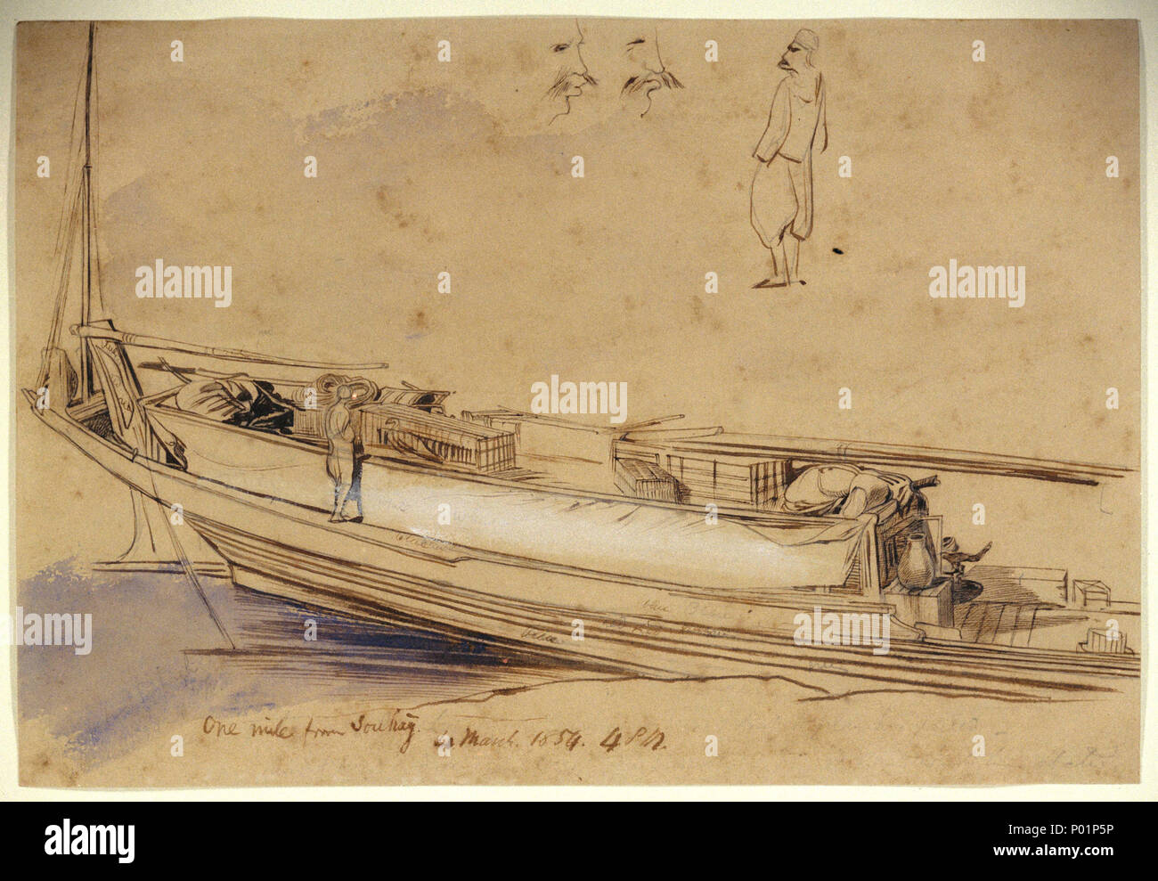 . Inglese: "Un miglio da Souhag 4 marzo. 1854. 4.P.M.' questo semplice studio di un tradizionale Egiziana nave è stata presa su Edward Lear's secondo viaggio in Egitto nel 1854. Il latine-truccate nave è raffigurato come se si è in piedi su una stretta striscia di terra in primo piano al di sopra di esso con la barca di prua che si estende oltre l'immagine a destra. Grande attenzione è prestata alla nave cargo. Nella parte superiore della pagina sono figura egiziano di studi. 'Un miglio da Souhag 4 marzo. 1854. 4.P.M.' . 4 marzo 1854. Edward Lear (1812-1888) nomi alternativi Derry Down Derry; Eduard Liri; Entouarnt L?ar; Foto Stock