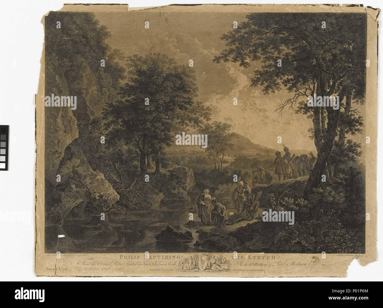 . Inglese: "Filippo a battezzare l'Eunuco' Paesaggio con San Filippo a battezzare l'eunuco della regina di Etiopia; episodio dal Nuovo Testamento. San Filippo è stato istruito da un angelo di viaggiare verso sud nel deserto lungo la strada da Gerusalemme a Gaza. Sul suo cammino incontrò un etiope eunuco, il tesoriere per l'Etiope regina Candace. Philip convertito l'eunuco con la predicazione e il battesimo di lui in un fiume. Philip a battezzare l'Eunuco . 1 febbraio 1772. J. Gresse; John Boydell; John Browne; dopo Andries entrambi; dopo Jan Dirksz entrambi 5 'Philip a battezzare l'Eunuco' RMG PY6135 Foto Stock