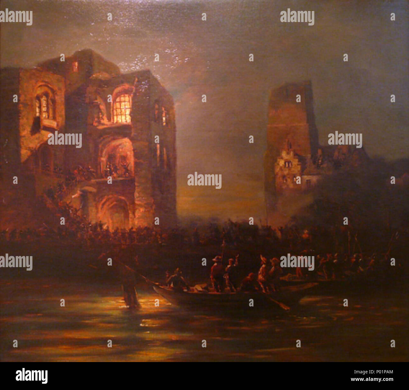 . Deutsch: Die brennende Brömser Burg bei Rüdesheim. Öl auf Leinwand, 72,5 x 83 cm, signiert und datiert "Fritz von Wille. Ddf. 92." . 1892 38 Fritz von Wille 0345 Foto Stock