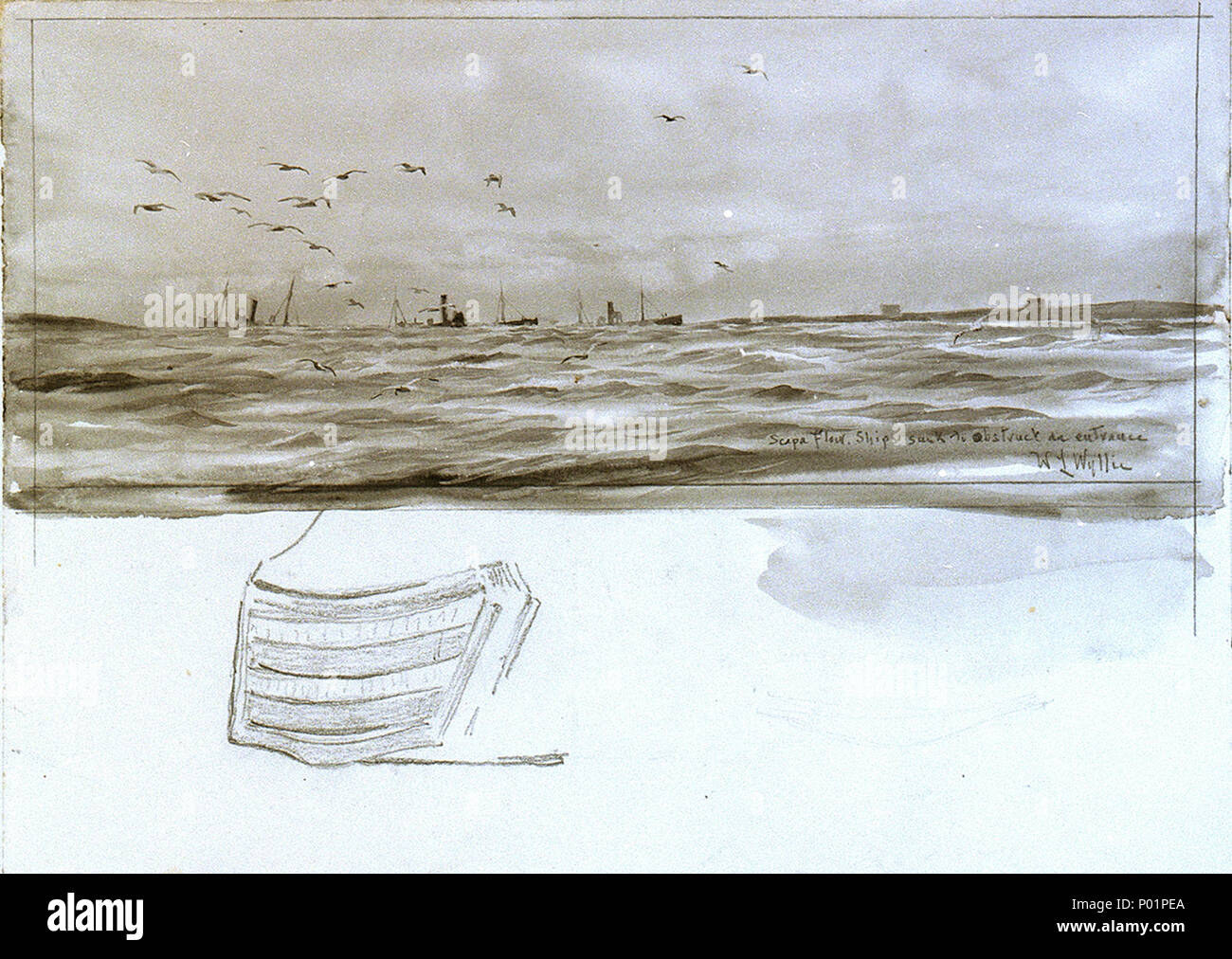 . Inglese: "Flusso di Capa. Navi affondate per ostacolare un' entrata iscritta dall'artista, come titolo, in basso a destra. Vi erano quattro canali a Scapa flusso ostruita con blockships e non è chiaro wch è questo. Holm suono tra Burray e Holm era bloccata da "Aorangi" (1883) affondato il 4 settembre 1915, 'Minieh' (1876) affondata il 27 febbraio 1915, "Numidian' (1891) affondata il 30 dicembre 1914 e "Thames" (1887), affondato il 7 gennaio 1915. Skerry suono tra Lamb Holm e Glims Holm era bloccata da " Almeria " (1888) affondata il 20 febbraio 1915, "Argyle' (1872) affondata il 17 settembre 1914, "Elton' (1880) affondato il 3 ottobre 1914, 'potenziata Foto Stock