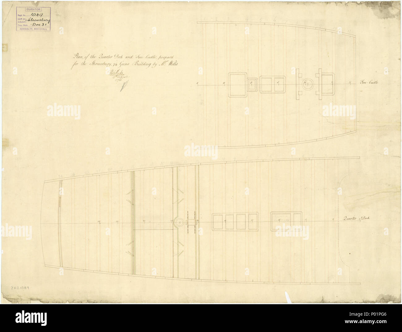 . Inglese: 'Shrewsbury' (1758) Scala: 1:48. Piano che mostrano i quarterdeck (con paratie modificati) e il castello di prua (proposto e approvato) per 'Shrewsbury" (1758), un 74-gun terzo tasso, due-decker edificio a Deptford dal sig. pozzi. Firmato da Thomas Slade [Surveyor della Marina, 1755-1771]. 'Shrewsbury' (1758) 6 'Shrewsbury' (1758) RMG J3159 Foto Stock