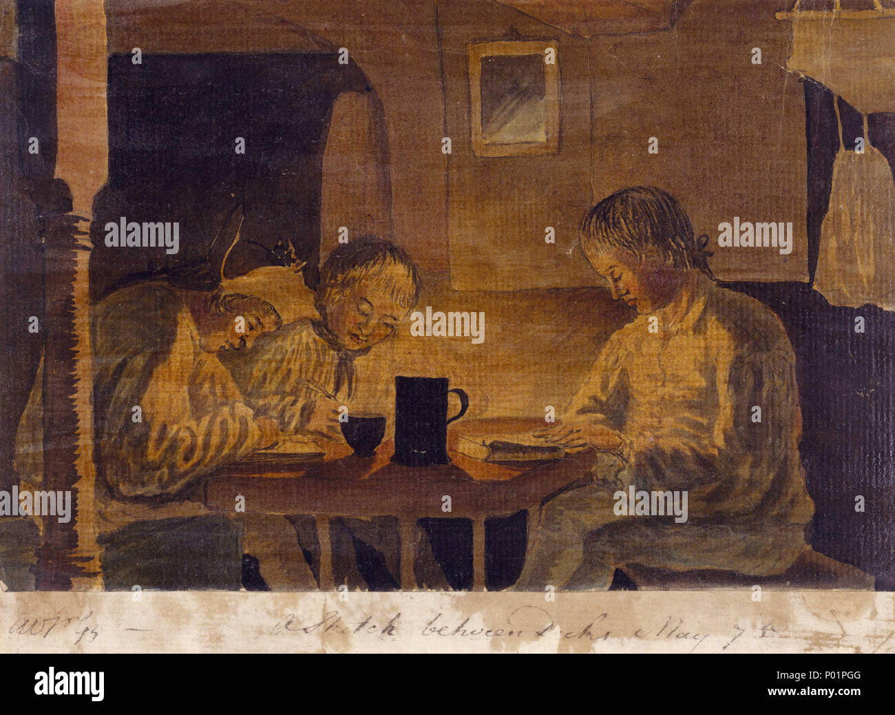 . Inglese: 'Sketch tra i ponti, Maggio 75' [Bray album] n. 51 di 74 (PAJ1976 - PAJ2049) intitolato e datato come sopra e firmato - tutti sul foglio di supporto- 'AVpGB' (alla vita da parte di Gabriel Bray). Questo disegno è stato fatto sul 'Pallas's" traversata transatlantica dall Africa alle Barbados, 4 Aprile - 31 maggio 1775. La scena è probabilmente in nave cockpit del - un basso-ponte lo spazio con poca luce naturale, che fu la casa di aspiranti guardiamarina e master si accoppia. Ci hanno dormito, ate e - come illustrato qui - rilassato e studiato a lume di candela. Uno di loro appendere le culle, con un draw-string sacchetto per personal ite Foto Stock