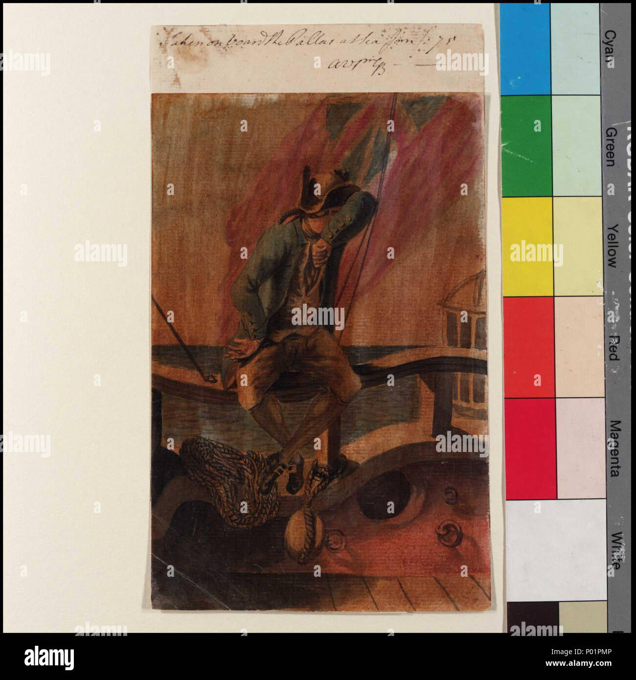 . Inglese: "presi a bordo del Pallas in mare, Jany 75' [Bray album] n. 29 di 74 (PAJ1976 - PAJ2049) intitolato e datato come sopra e firmata "AVprGB' (alla vita da parte di Gabriel Bray) su supporto cartaceo, questo probabilmente mostra un guardiamarina, apparentemente sonnecchia in maniera un po' più precaria posizione sulla nave taffrail del. La sua lanterna di poppa e red ensign sono visto dietro (quest'ultimo, poi senior naval ensign e in generale il mercante Inglese bandiera, essendo quella percorsa da navi da guerra su commissione indipendente). Si tratta di uno dei 73 disegni di Bray (più uno firmato "NF 1782') conservati in un palazzo del XIX secolo album. Essi hav Foto Stock
