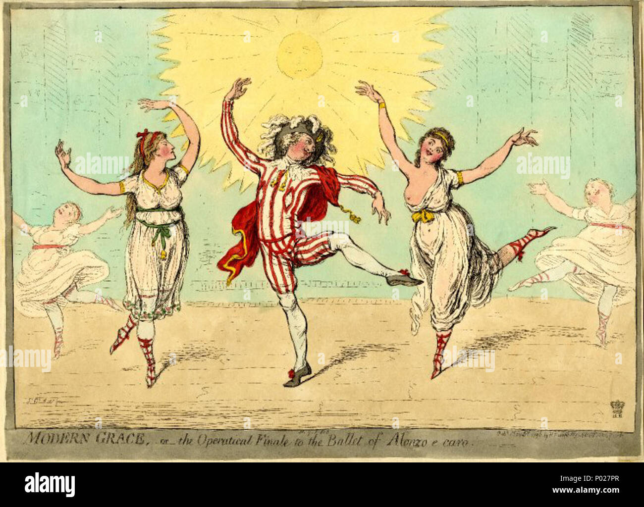 . Inglese: Rose e Charles Didelot (al centro e a sinistra) ballando con Madame Parisot (a destra). . 1796. James Gillray (1756 - 1815) 16 moderne grazia, -O- la operatical finale per il balletto di Alonzo e Caro Foto Stock