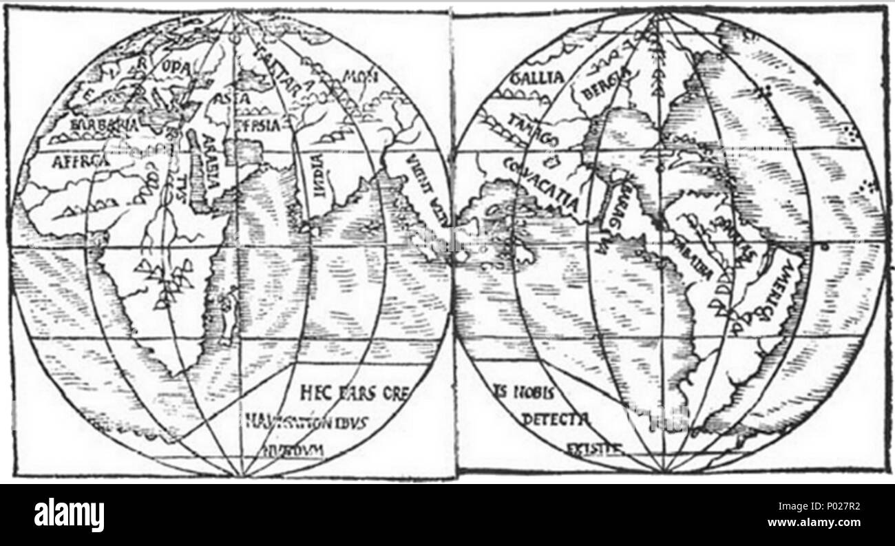 . Inglese: una mappa del mondo (c.1527) da Monachus che mostra due metà del globo che egli aveva costruito. Per la descrizione completa del globo vedere w:Franciscus Monachus. Placenames: evropa (Europa), tartara (Russia), mongalla (Mongolia), Asia (Turchia), in Arabia, in Persia, India, alia India ("Altri India "; Malesia), bergia (Siberia/America del Sud), tamago (Cina/Texas), colvacatia? (La Testa del Dragone penisola/), baragva (la Testa del Dragone penisola/America centrale); dabaiba (la Testa del Dragone penisola/Colombia); artas? (La Testa del Dragone penisola/Venezuela); America (la Testa del Dragone penisola/Brasile); barbar Foto Stock