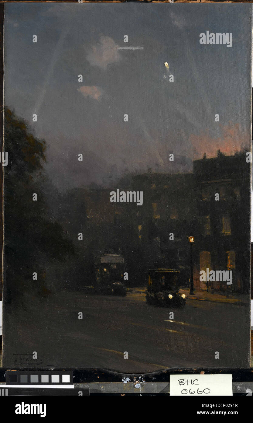 . Inglese: "uno Zeppelin RAID, 8 Ottobre 1915' John Fraser è venuto da una famiglia nautico e viaggiato molto, come il suo contemporaneo John Everett. Non è noto dove ha ricevuto la sua formazione artistica ma ha lavorato per qualche tempo come assistente di Edouardo de Martino, pittore marino alla regina Victoria, Edward VII e George V. Questo oscuro, triste immagine, tuttavia, non è una pittura marina a tutti ma registra un night-time zeppelin raid su Londra durante la Prima Guerra Mondiale. La zeppelin può essere vagamente visto, illuminata da proiettori e il bagliore della combustione edificio sulla destra. 'Uno Zeppelin r Foto Stock