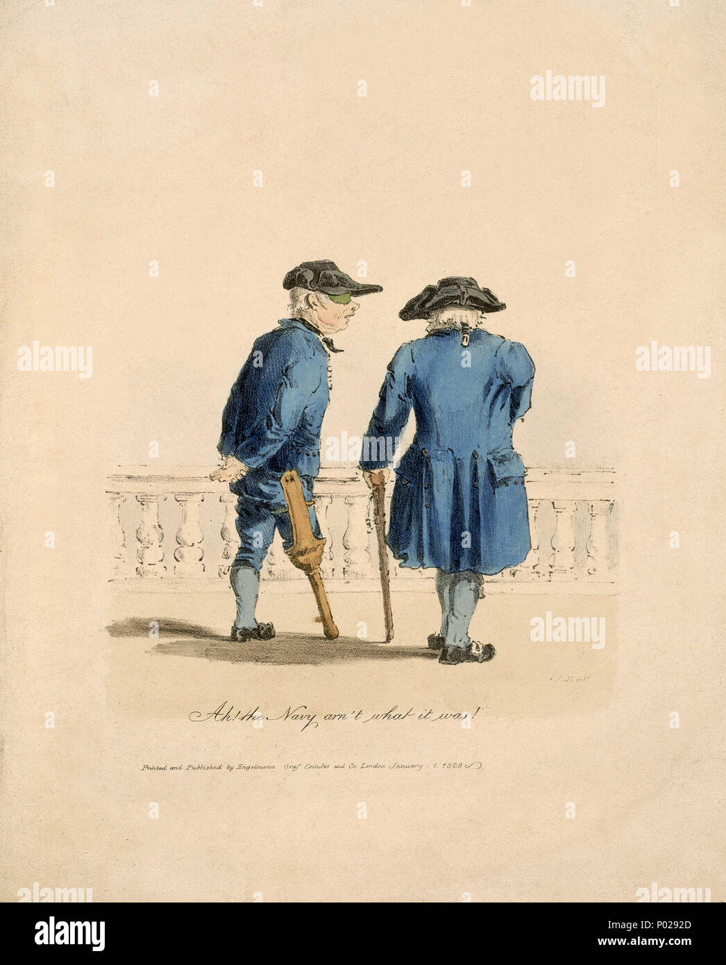 . Inglese: "Ah! La Marina non ar cos'era!" (Greenwich pensionati) Due pensionati di Greenwich piange cambiamento dei tempi e delle norme. Quello di sinistra è in profilo destro con le mani dietro la schiena, ha un peg-leg gamba destra e un ombra sotto il suo cappello band presumibilmente a copertura della presa di mancanza di occhio destro. Quello sulla destra, in vista posteriore, si appoggia su un bastone nella sua mano sinistra: l'altro braccio è mancante in corrispondenza della spalla. Entrambi usura blu ospedale di Greenwich uniforme di giacche e pantaloni, calze grigie e armato di cappello. Una balaustra simile a quella dell'ospedale colonnati è leggermente abbozzato Foto Stock
