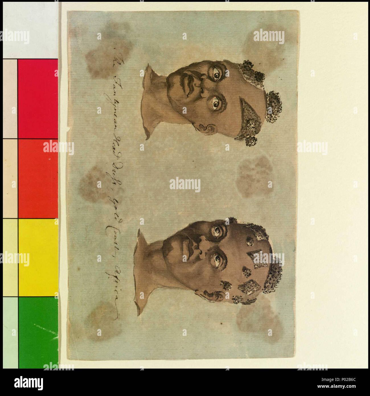 . Inglese: "La testa Fantyman abito, Gold Coast, Africa' [Bray album] n. 65 di 74 (PAJ1976 - PAJ2049) Bray del titolo, come sopra, è inscritto al di sotto di questi due studi di testa ognuno con leggermente differenti modelli di peli rasati stile. Il Fante, con la Asante (Ashanti), sono le due principali tribù del Akan-gruppo di lingua della moderna il Ghana e la Costa d'Avorio. Storicamente, in inglese, il nome era spesso anche farro Fantee. Bray la nave, il 'Pallas' , era in esecuzione lungo la costa del Ghana da circa 19 marzo 1775 e raggiunto Accra sull'30th. Nel suo 'osservazioni su un viaggio verso la costa dell'Africa" (1 Foto Stock