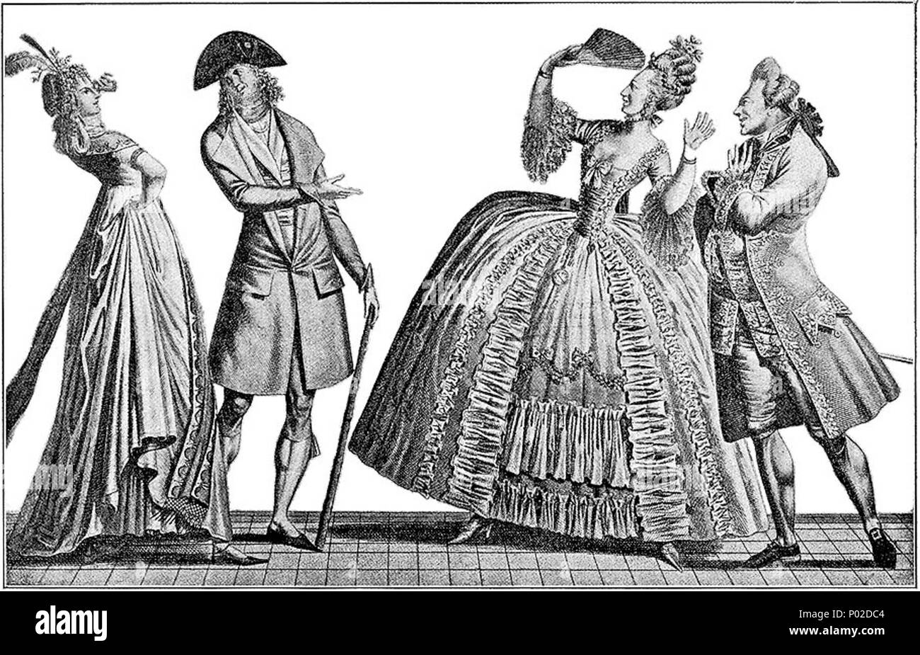 . Un 1793 contrasto tra la moda francese del 1793 e ca. 1778, mostrando i grandi cambiamenti di stile che si era verificato in soli 15 anni. La coppia sulla sinistra, vestito di spurgo-bordo fino al momento in cui gli stili di 1793, sta dicendo "Ah! QUELLE ANTIQUITÉ!!!"; mentre la coppia sulla destra, vestito in corte formale stili di ca. 1778, è esclamando "OH! QUELLE FOLLIE QUE LA NOUVEAUTÉ....." (per una contemporanea 1778 rappresentazione del colore di un abito simile a quello che la donna sulla destra si usura, vedi immagine:1778-jeune-dame-de-qualite-en-grande-robe.jpg.) da Vernet 'Incroyables et Merveilleuses', serie 1 Foto Stock