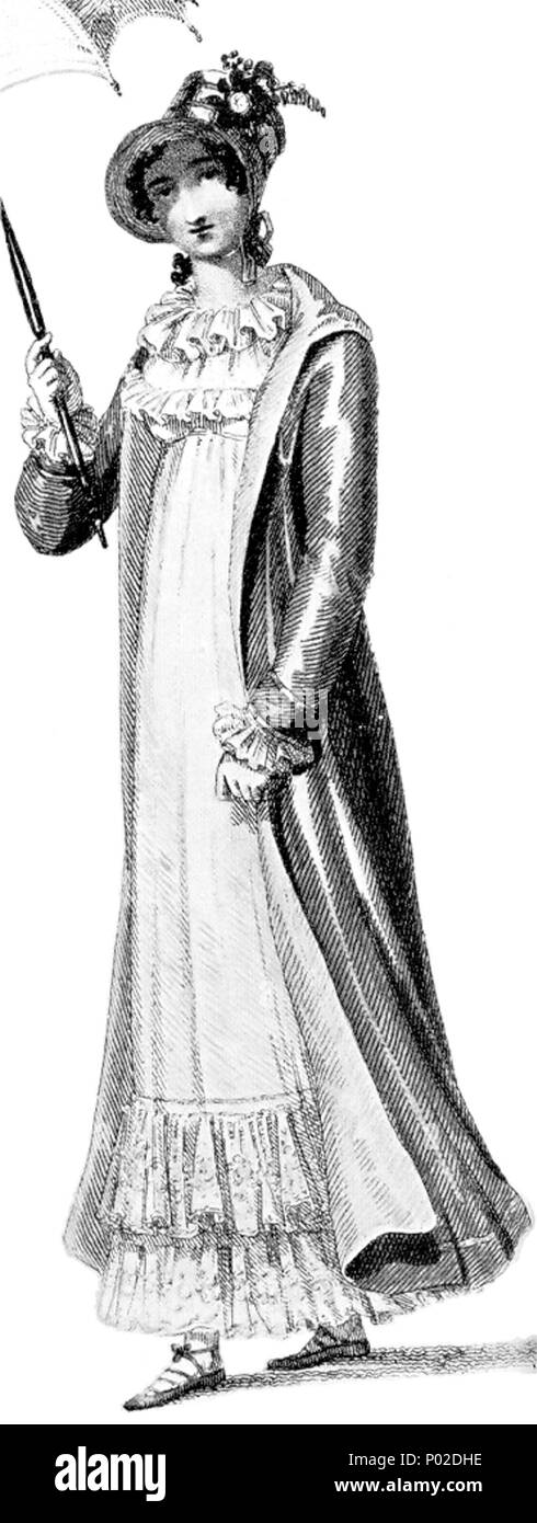 . 1815 a piedi il costume da Ackermann's repository. Probabilmente più vicina all'usura quotidiana del medio inglese gentildonna paese, durante gli anni in cui Jane Austen è stata la pubblicazione di suoi romanzi, rispetto a quelle che sono i vestiti rappresentata in molte altre piastre di moda del tempo... 19 1815-walking-costume-Ackermanns Foto Stock
