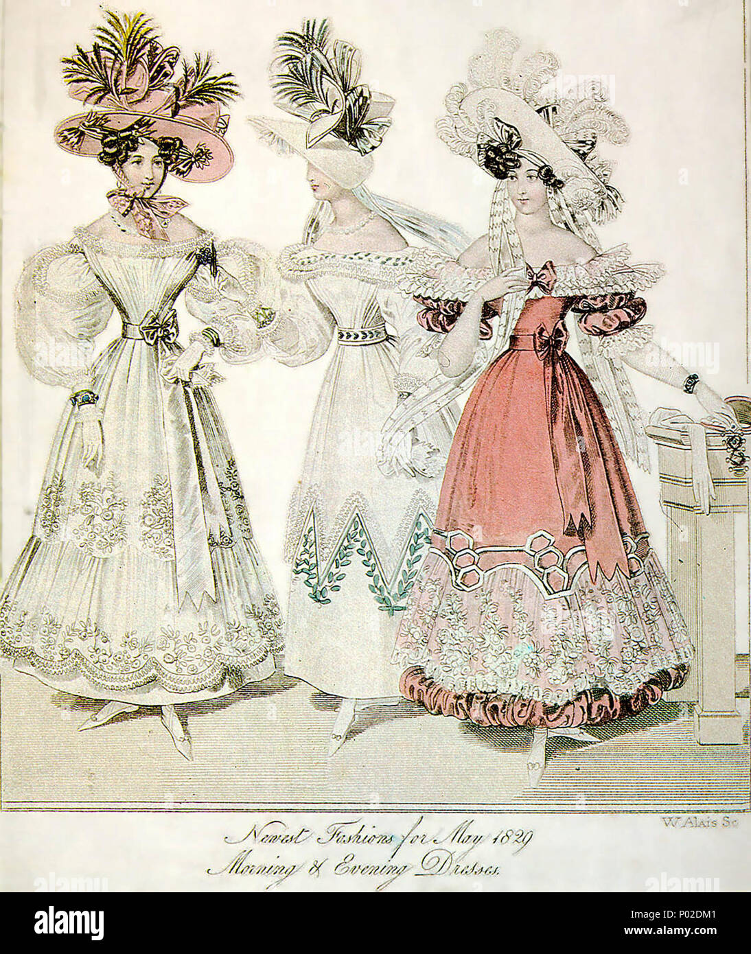 . (L'abito più a destra, con il suo manicotto skimpier copertura, non di colore biancastro regime e abbassare leggermente la scollatura, è l'abito da sera. La signora sulla sinistra indossa una versione del classico tardi 1820's "alad piastra' hat.) . Inglese: "mode più recenti per il maggio 1829, mattina e abiti da sera", una piastra di moda dal mondo della moda. Deutsch: 'Neueste Moden für mai 1829, Morgen- und Abendkleider', ein Modedruck aus "mondo della moda" . Maggio 1829 19 1829-Morning-Evening-Dresses-World-di-Fashion-May Foto Stock