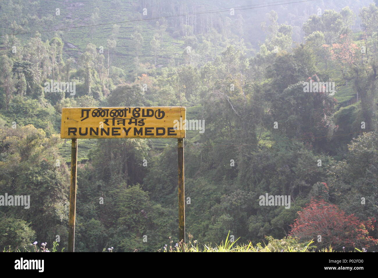 Giallo "Runneymed' dipinta segno, Tamil Nadu, India Foto Stock