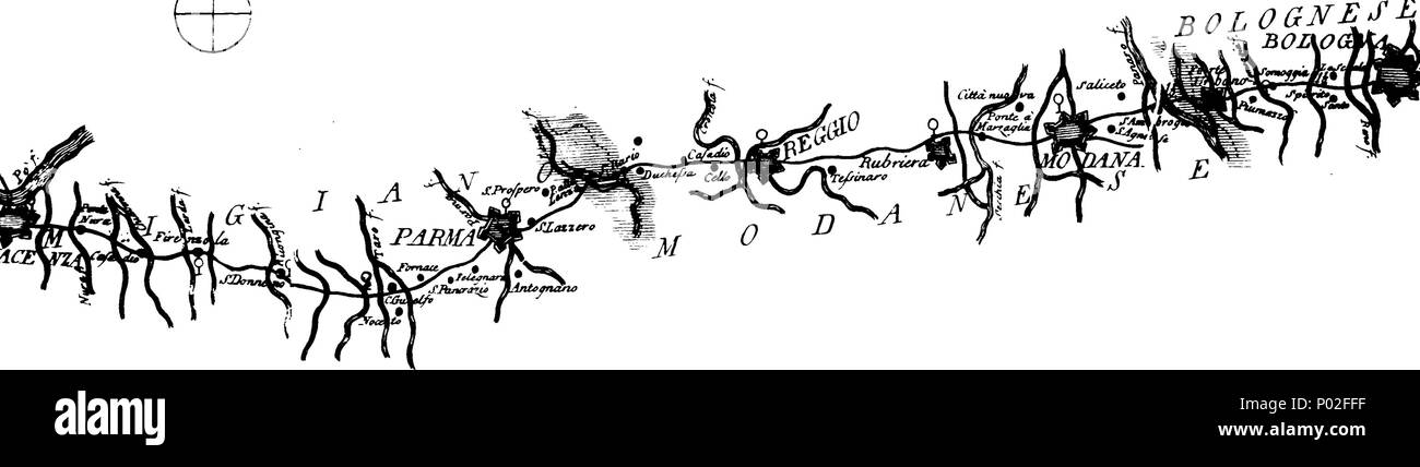 . Inglese: Fleuron dal libro: un breve resoconto delle strade d'Italia per l'uso di colleghi che viaggiano con il post, con una descrizione completa della città, borghi e fiumi e un explination [sic] delle viste per alcuni milles [sic] su ogni lato della strada in venti-tre carte geografiche, ... 27 un breve resoconto delle strade d'Italia per l'uso di colleghi che viaggiano con il post Fleuron T089049-10 Foto Stock