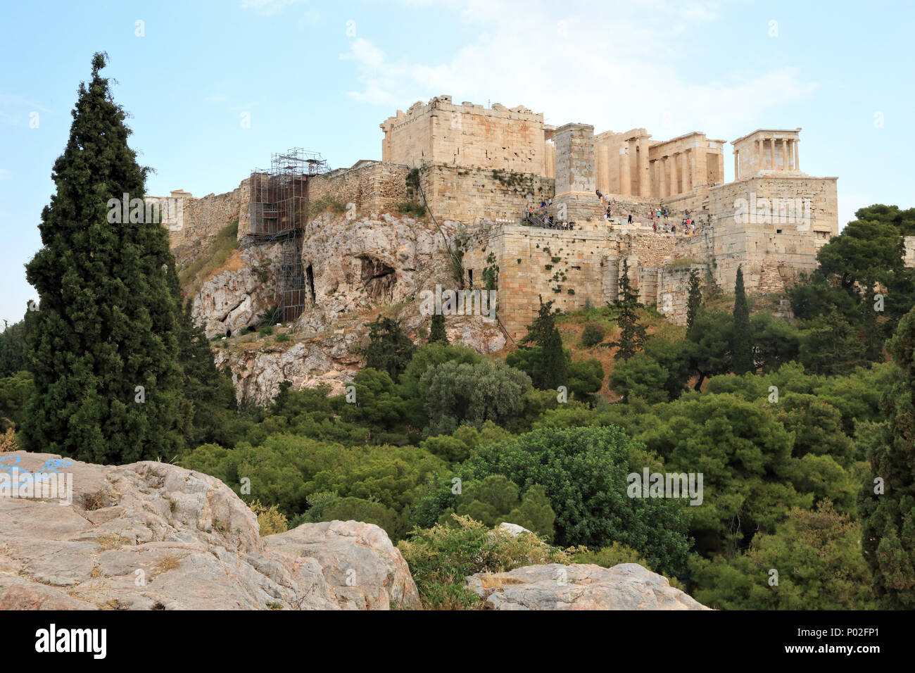 Acropoli di Atene vista dal areopago hill Foto Stock