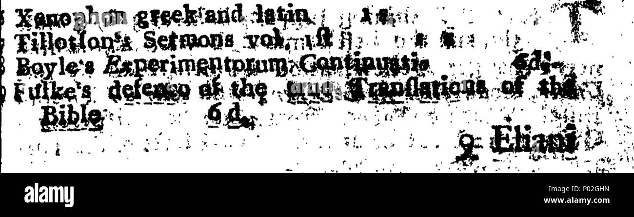 . Inglese: Fleuron dal libro: un catalogo di libri. Nella divinità, storia, legge, physick, mathematicks, poesia, classicks, &amp;c. Essendo ... Librerie; quello di un giovane sacerdote, ultimamente deceas'd; e l'altro di un Signore di essere venduto a costo molto basso, i prezzi più bassi essendo incerted nel catalogo; in segno di piume in Wheeler-Gate, Nottingham. La vendita per iniziare lunedì il 22d del mese di agosto 1743, esattamente in corrispondenza 8 dell'orologio al mattino e nessuno per essere venduti al di fuori del catalogo prima di quel tempo; ma possono essere visualizzati 3 giorni prima della vendita inizia la vendita per continuare a 8 giorni e non più Foto Stock