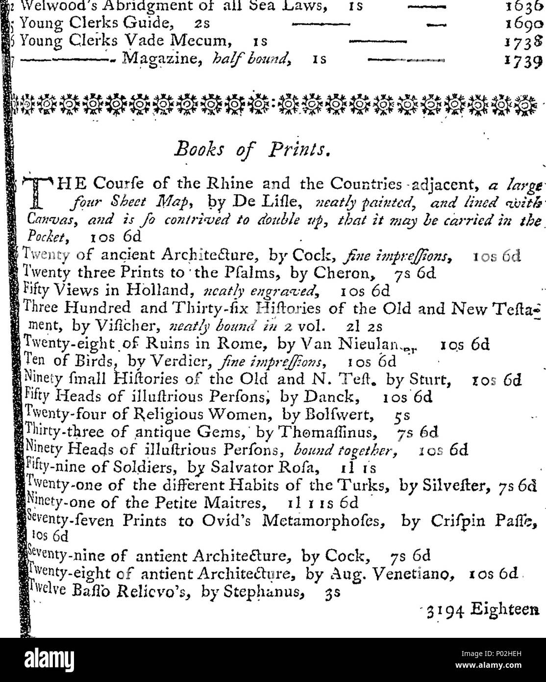 . Inglese: Fleuron dal libro: un catalogo delle biblioteche del compianto Dott.ssa Cromwell Mortimer, Segretario della Royal Society, Edmund Pargiter, Esq; e molti altri, troppo noioso da menzionare; tutte acquistato questa estate scorsa. Analogamente a numerose collezioni di curiosi manoscritti, stampe e disegni. Il tutto insieme in una ben più ampia collezione di qualsiasi mai venduti da qualsiasi rivenditore di libri in Inghilterra. Il quale inizierà ad essere venduto (i prezzi più bassi stampato nel catalogo, senza alcuna riduzione per pronto denaro solo) a T. Osborne, in Grays-Inn, sul ventiseiesimo giorno di novembre 1753; e per la Conve Foto Stock