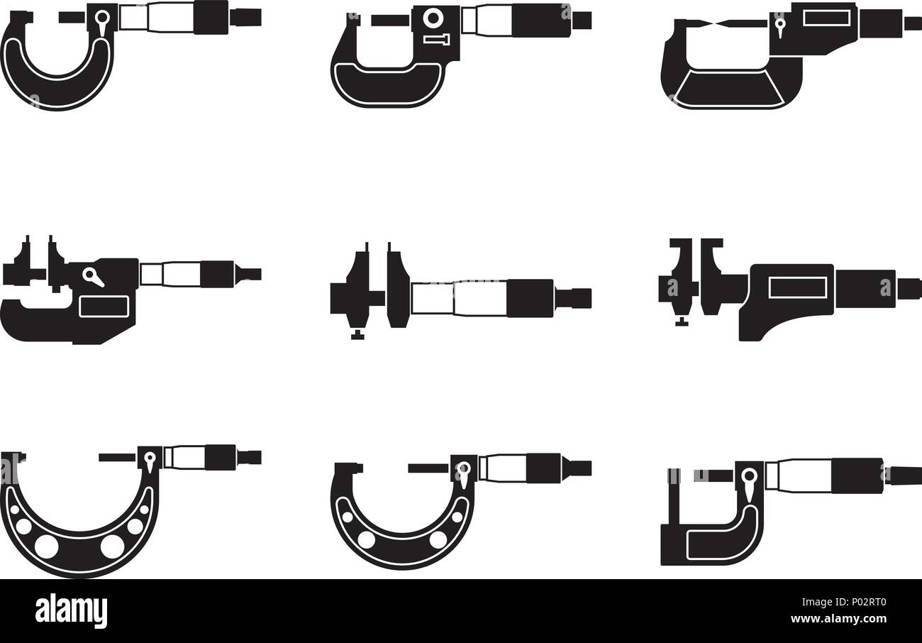 Set di strumenti di misurazione. Il micrometro. Vettore di Silhouette Illustrazione Vettoriale