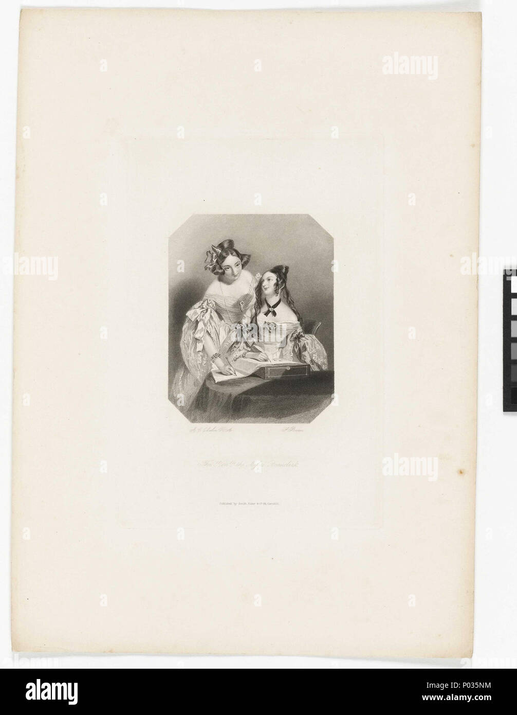 . Inglese: "L'Honble i mancati Beauclerk' 'l'Honble i mancati Beauclerk' da Frederick Bacon dopo Alfred Edward Chalon. Questa stampa può riferirsi a una storia dello stesso nome. Due giovani donne che indossano fuori della sfera di spalla abiti di scrivere in un libro di grandi dimensioni. Uno guarda direttamente l'artista, sta un po' dietro agli altri chi è seduto fissando lo sguardo fino al suo amico. Questa stampa è pubblicato dalla società Smith, Sambuco & Co. Il fratello di Margaret Brodie Herschel (nee Stewart), Peter Stewart ha lavorato per Smith, Sambuco & Co come una stampante. 'L'Honble i mancati Beauclerk' . circa 1850. Alfred Edward Chalon Foto Stock