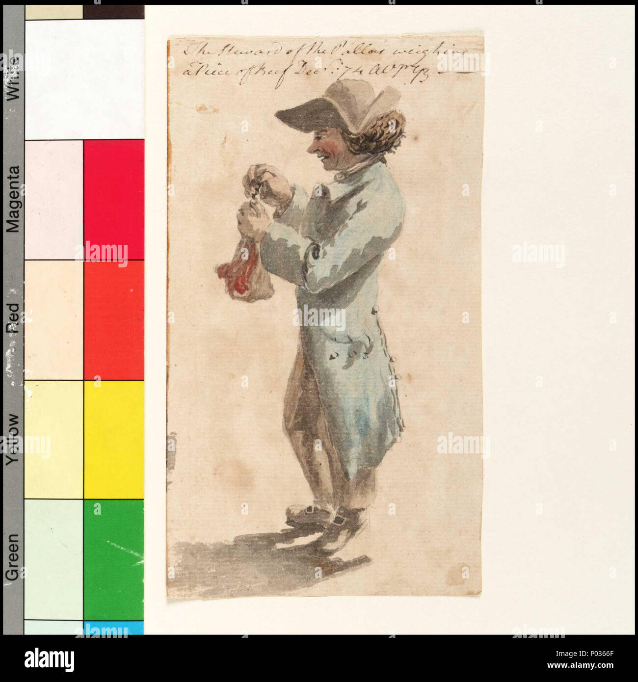 . Inglese: "l economo della Pallas la pesatura di un pezzo di carne di manzo, Decr 74' [Bray album] n. 23 di 74 (PAJ1976 - PAJ2049) un disegno di un maggiordomo firmato "AVprGB' (alla vita da parte di Gabriel Bray), questo è stato probabilmente fatto a Portsmouth quando il 'Pallas' è stato sul punto di vela per l Africa nel dicembre 1774 o almeno nelle prime fasi del viaggio, in quanto la carne sembra essere fresco anziché salato. Le navi hanno fatto trasportare bestiame, ma probabilmente ritardato la macellazione finché anche in viaggio. L economo possono essere acquistare la carne mostrato a terra o di calcolare i tempi di tostatura prima di dare alla cucina per il Foto Stock