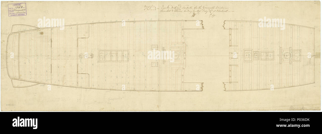 . Inglese: "Venerabile" (1784); "vittorioso" (1785); "Hannibal" (1786); "Teseo' (1786) Scala: 1:48. Piano che mostrano i quarterdeck e il castello di prua, con matita alterazioni, per "Venerabile" (1784); "vittorioso" (1785); "Hannibal" (1786); "Teseo" (1786), tutte le 74-gun terzo tasso due-deckers edificio a Blackwall dal sig. John Perry & Co. Siglato da John Williams [Surveyor della Marina, 1765-1784], e Edward Hunt [Surveyor della Marina, 1778-1784]. "Venerabile" (1784); "vittorioso" (1785); "Hannibal" (1786); "Teseo' (1786) 12 "Venerabile" (1784); "vittorioso" (1785); "Hannibal" (1786); "Teseo' (17 Foto Stock