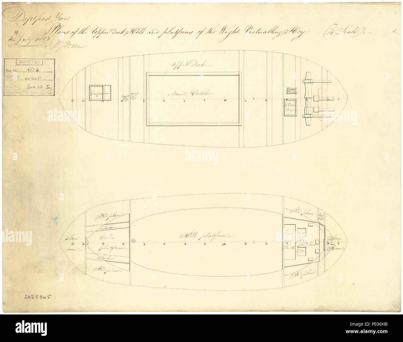 . Inglese: "Wight (circa 1823) Scala: 1:48. Un piano che mostra il ponte superiore ,e tenere premuto con avanti e indietro per le piattaforme per 'Wight (circa 1823), un singolo-masted cinquantuno piedi approvvigionamento hoy. Firmato da William Stone [Master Shipwright, Deptford Dockyard, 1813-1830]. "Wight (circa 1823) deck 12 'Wight (circa 1823) RMG J0256 Foto Stock