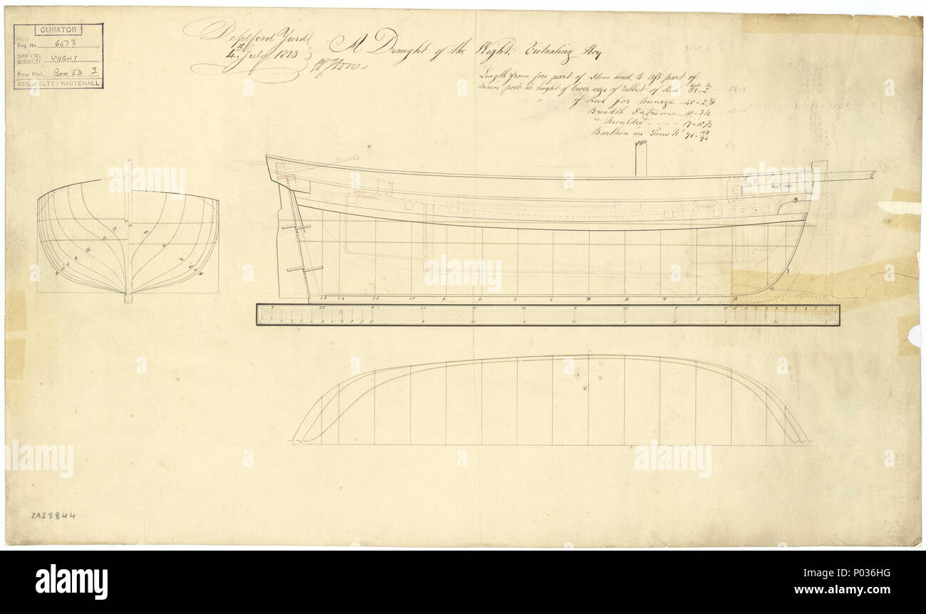 . Inglese: "Wight (circa 1823) Scala: 1:48. Un piano che mostra il corpo piano, linee di pura con dettaglio entrobordo, e metà longitudinale-ampiezza per 'Wight (circa 1823), un singolo-masted cinquantuno piedi approvvigionamento hoy. Firmato da William Stone [Master Shipwright, Deptford Dockyard, 1813-1830]. "Wight (circa 1823) di linee e di profilo 12 'Wight (circa 1823) RMG J0255 Foto Stock