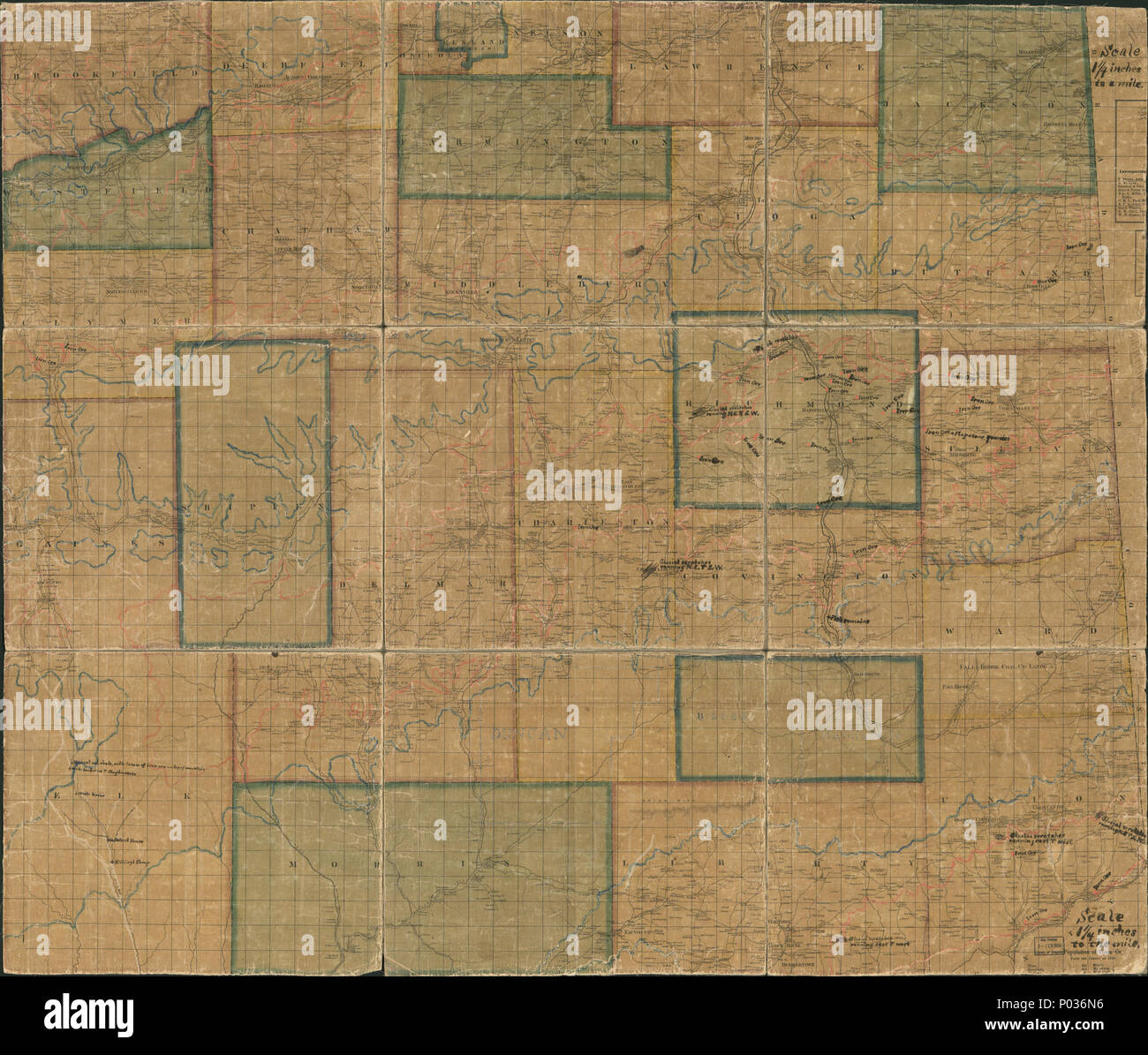 . Inglese: generale-content county map mostra gli edifici in zone rurali e padroni di casa dei nomi. Mano col. per mostrare township/borough di confini e territori. Titolo ideato da catalogr. LC copia imperfetta: Utilizzare-usurati, shellacked, sezionati a 9 pannelli per attivare la piegatura, strappato in linee di piegatura, le porzioni esterne del foglio originale tagliata (titolo, tabelle, elenchi, dichiarazione di attribuzione, inserie?), ampiamente annotato in inchiostro nero scrittura a mano per dare la scala della mappa/posto supplementare-nomi/del minerale di ferro di siti di deposito, ampiamente annotato in rosso/verde matite per mostrare unidentified (glaciale?) aree. Ch. Foto Stock