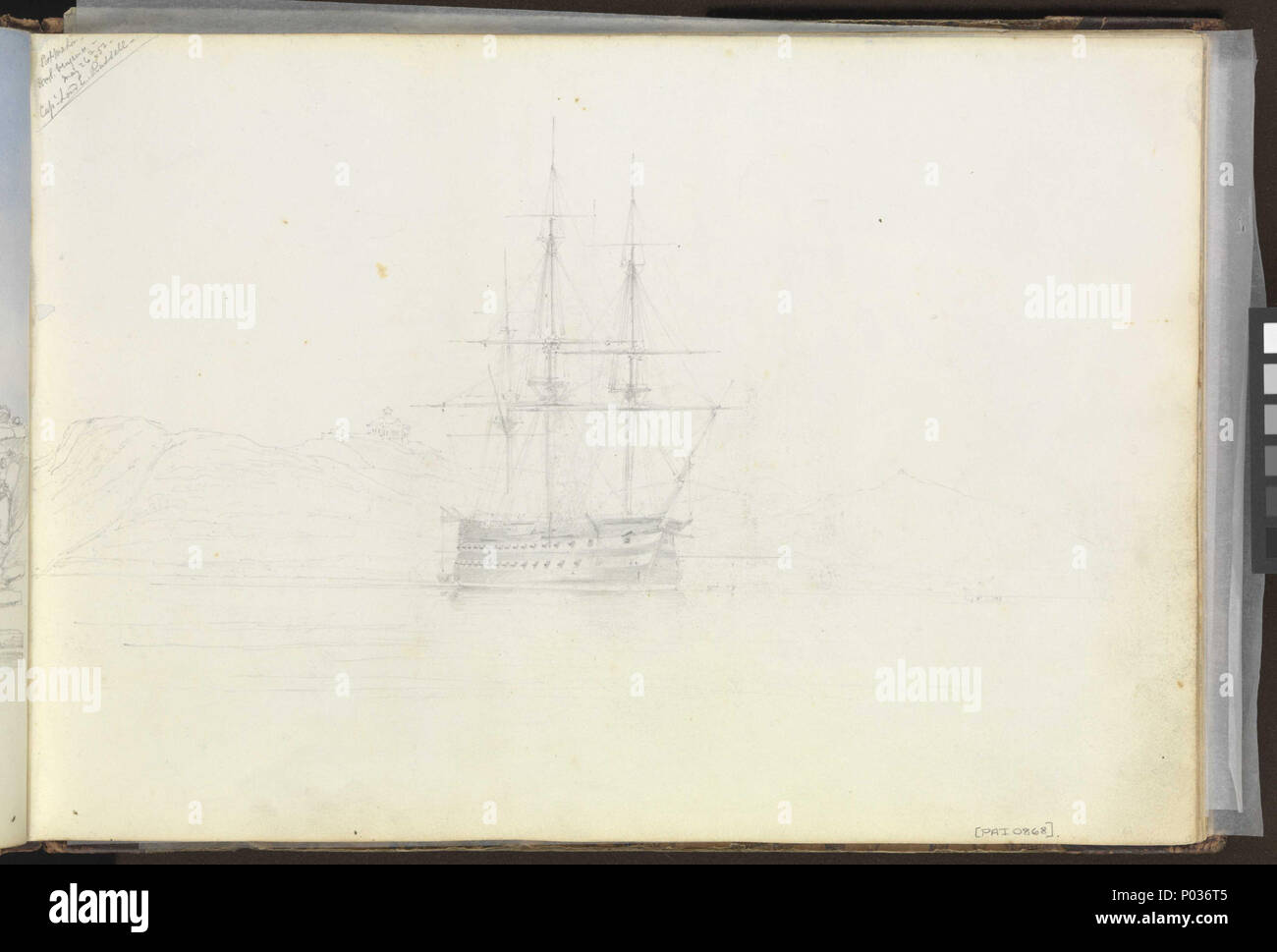 . Inglese: (Recto) HMS "vendetta" al di ancoraggio in Port Mahon, 26 maggio 1852; (verso) la "Charlemagne" con "Trafalgar' lasciando Port Mahon sotto il traino da "tizzone', 1 giugno 1852 n. 20 di 36 (PAI0849 - PAI0884). (Recto) inscritto in alto a sinistra, 'Port Mahon / H.M.S. La Vendetta - 26 Maggio 52 / Capt Signore E[dward] Russell-'. Questo leggero schizzo mostra il negozio ancorato in prua dritta vista con il suo porto braccio fuori e barche ormeggiate ad esso. La cupola dell'edificio su terra alta dietro assomiglia a quello del vecchio convento nel centro di Mahon, ma non sembra di essere circondato da un numero sufficiente di edifici del comune di sup Foto Stock