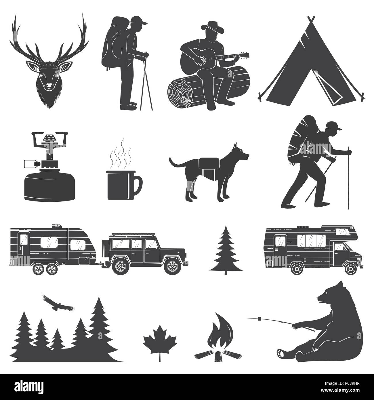Set di icone di campeggio isolato su uno sfondo bianco. Illustrazione Vettoriale. Illustrazione Vettoriale