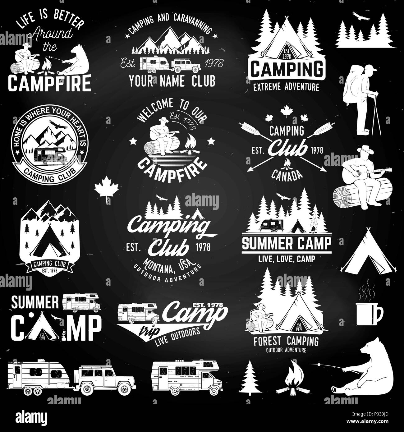 Summer Camp con elementi di design sulla lavagna. Illustrazione Vettoriale. Concetto per una camicia o un logo, stampa, timbro o il raccordo a t. Design con rimorchio rv, campi Illustrazione Vettoriale