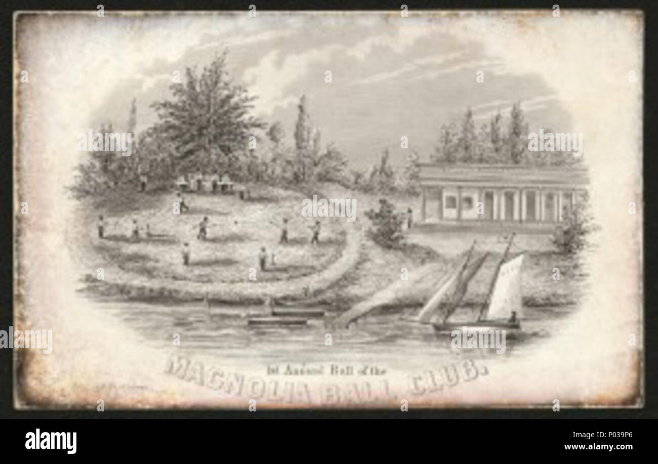 . Inglese: Biglietto per la " prima sfera annuale della sfera di Magnolia Club'. Funzioni di incisione il Colonnade Hotel all'Elysian Fields e un gruppo di uomini a giocare a baseball. . Circa 1843. William Fairthorne (1616-1691) (pittura) 20 1844-magnolia Foto Stock