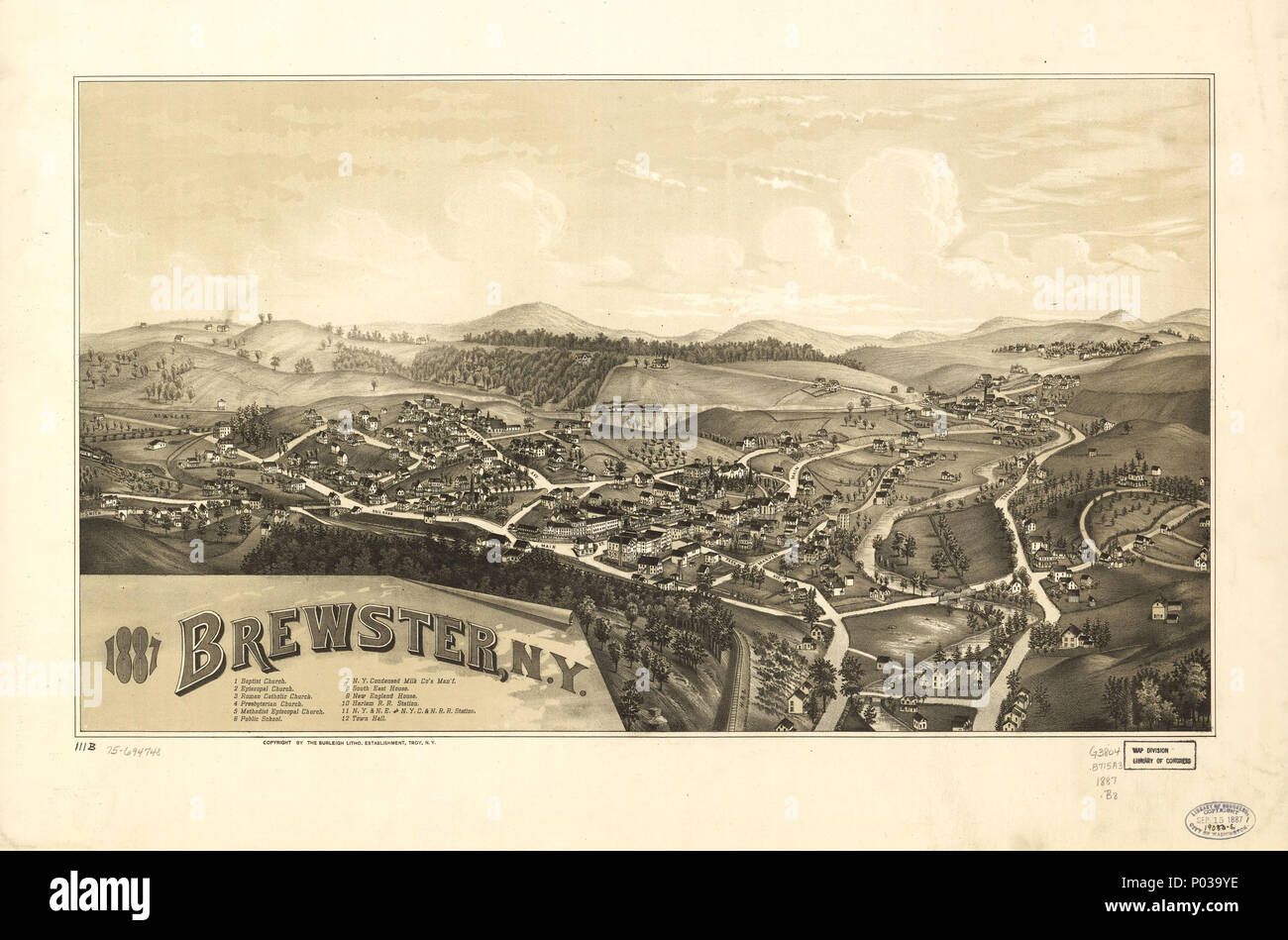 . Inglese: mappa in prospettiva non è disegnata in scala. Bird's-eye-vista. LC Mappe panoramiche (2a ed.), 539 disponibile anche attraverso la Libreria del Congresso sito Web come immagine raster. Indicizzati per i punti di interesse. AACR2 . 1887 Brewster, N.Y.. 1887. Burleigh Litho 20 1887 Brewster, N.Y. LOC 75694748 Foto Stock