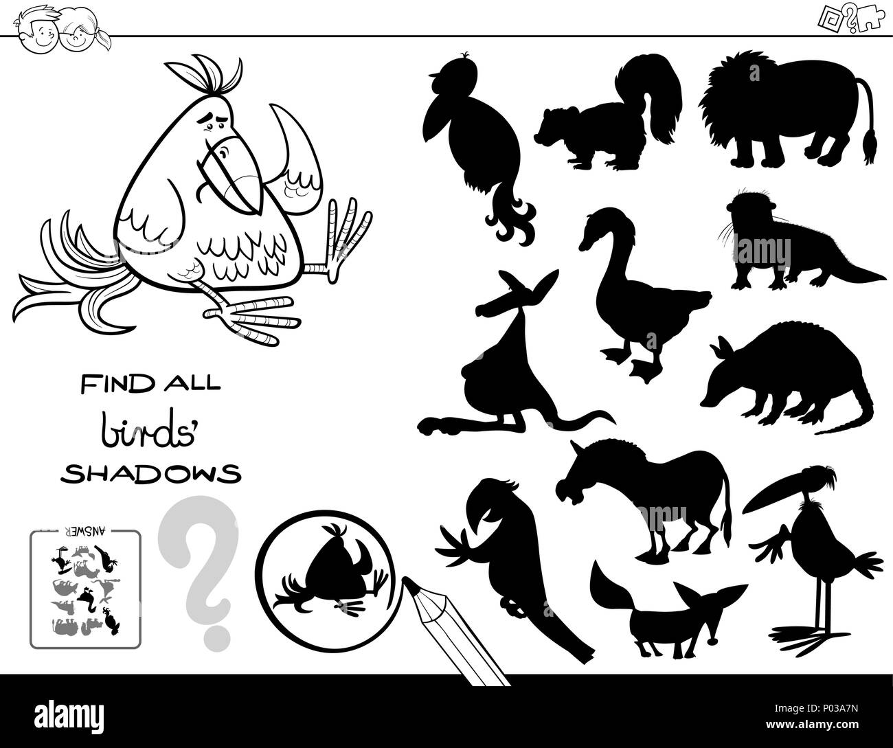 Bianco e Nero Cartoon illustrazione di trovare tutti gli uccelli ombre gioco educativo per bambini Libro da colorare Illustrazione Vettoriale