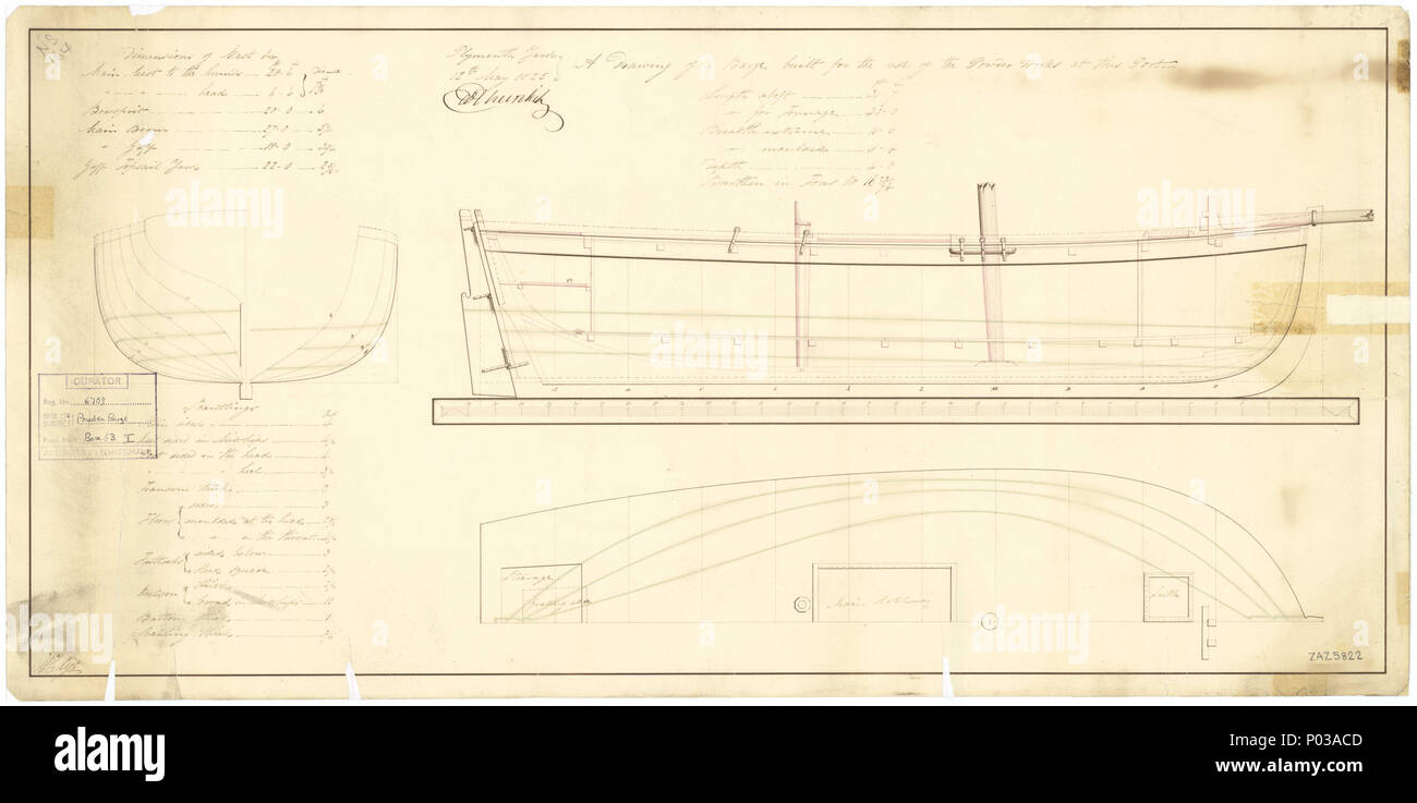 . Inglese: 31ft polvere chiatta (1825) Scala: 1:24. Un piano che mostra il corpo piano, linee di pura con dettaglio entrobordo, e metà longitudinale-ampiezza con dettagli ponte di trentuno piedi single-masted polvere barge costruito a Plymouth Dockyard per le opere in polvere. Il piano include la solida e dimensioni del montante. Firmato da Edward Churchill [Master Shipwright, Plymouth Dockyard, 1815-1829]. 31ft polvere chiatta (1825) Linee 22 31ft polvere chiatta (1825) RMG J0268 Foto Stock
